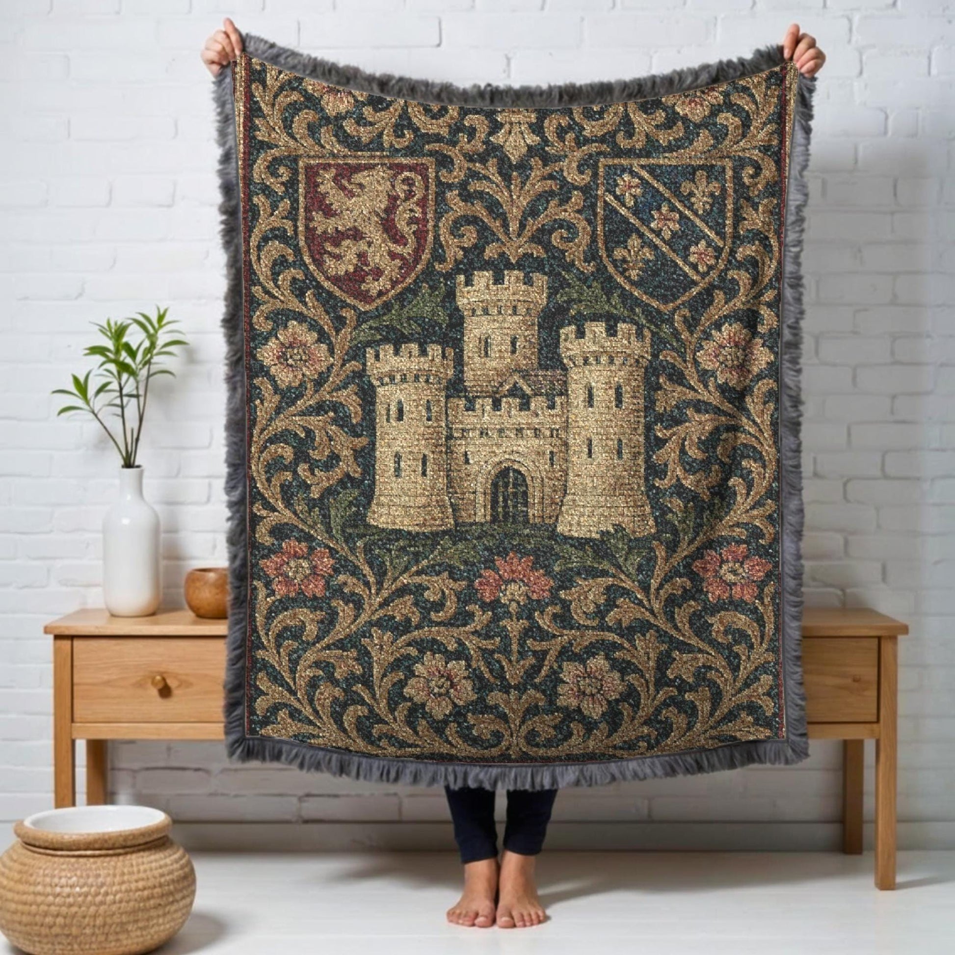Viking Wolf Blanket - Norse Tree of Life Woven Blanket, Yggdrasil Raven and Wolf Tapestry Throw