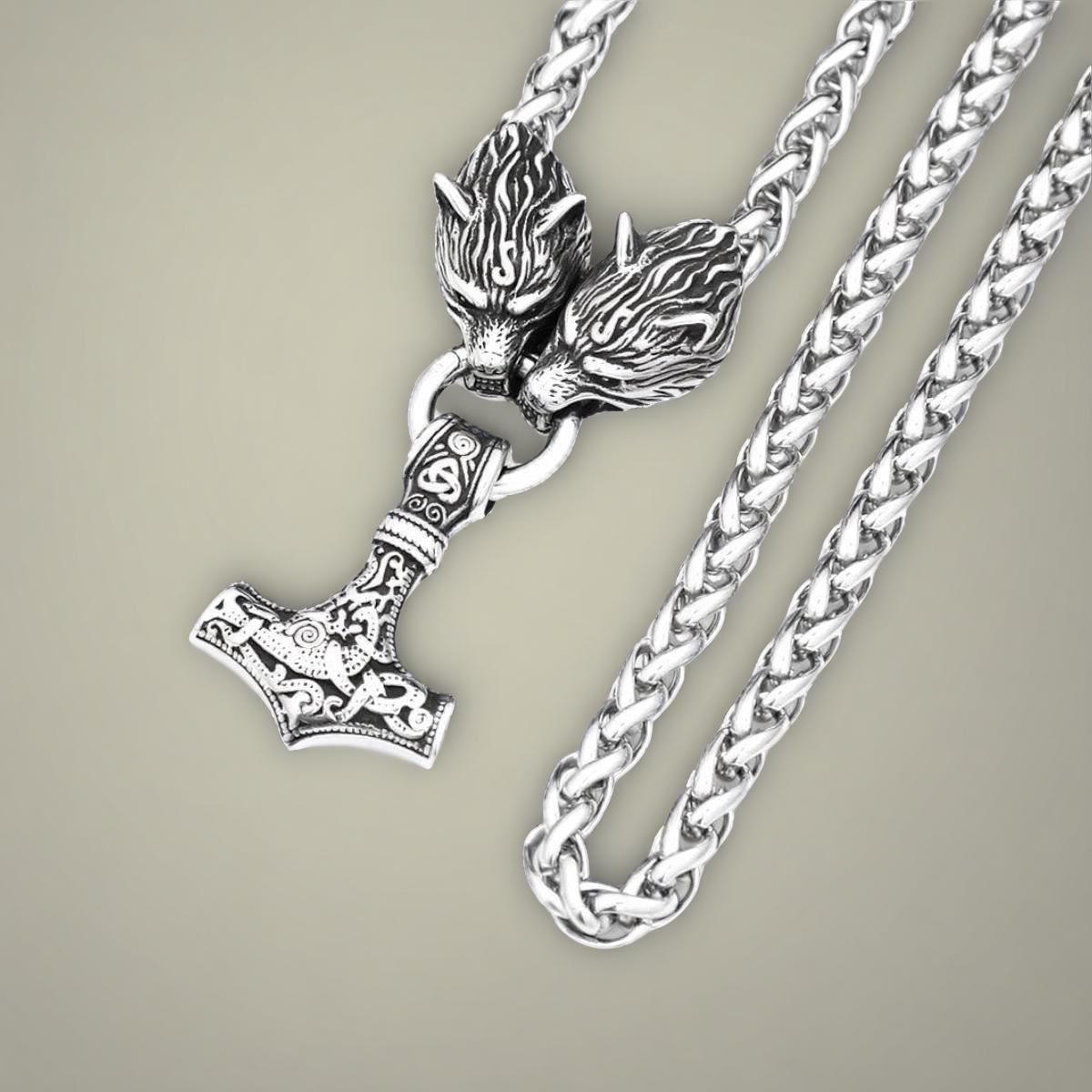 Viking Thor's Hammer Necklace - Mjolnir Necklace, Wolf Chain, Fenrir Amulet, Handmade Viking