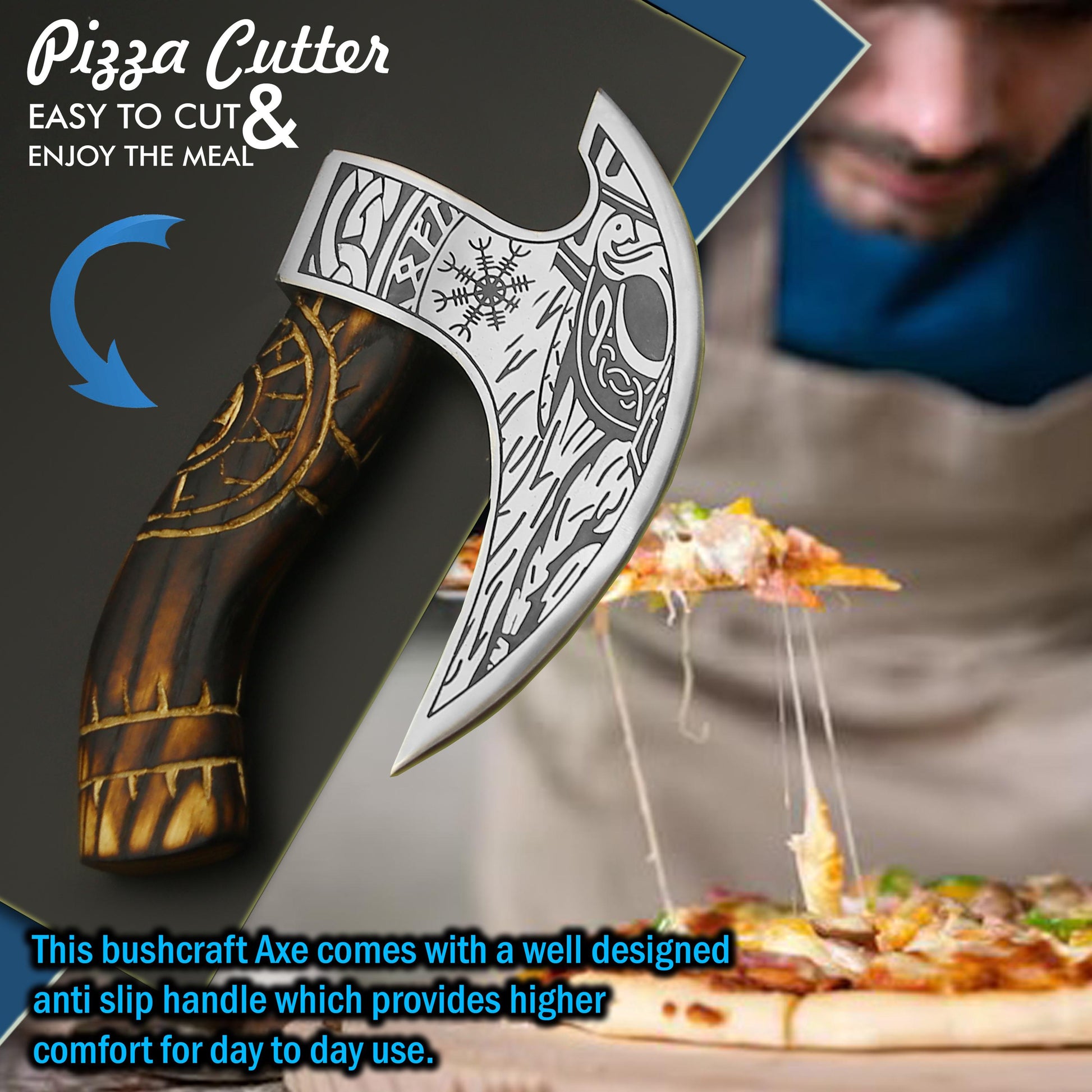 Viking Weapon Replica - Hand Forged Viking Pizza Axe, Rosewood Ash Handle, Leather Sheath