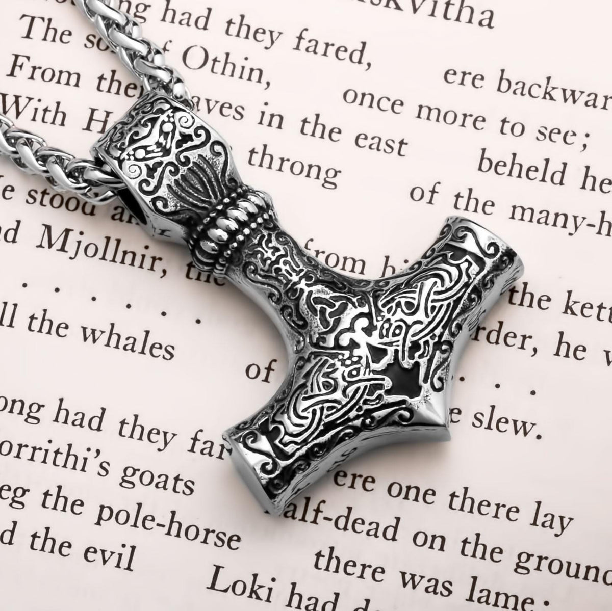 Viking Thor's Hammer Necklace - Viking Stainless Steel Hammer Pendant Necklace, Wolf Head Norse