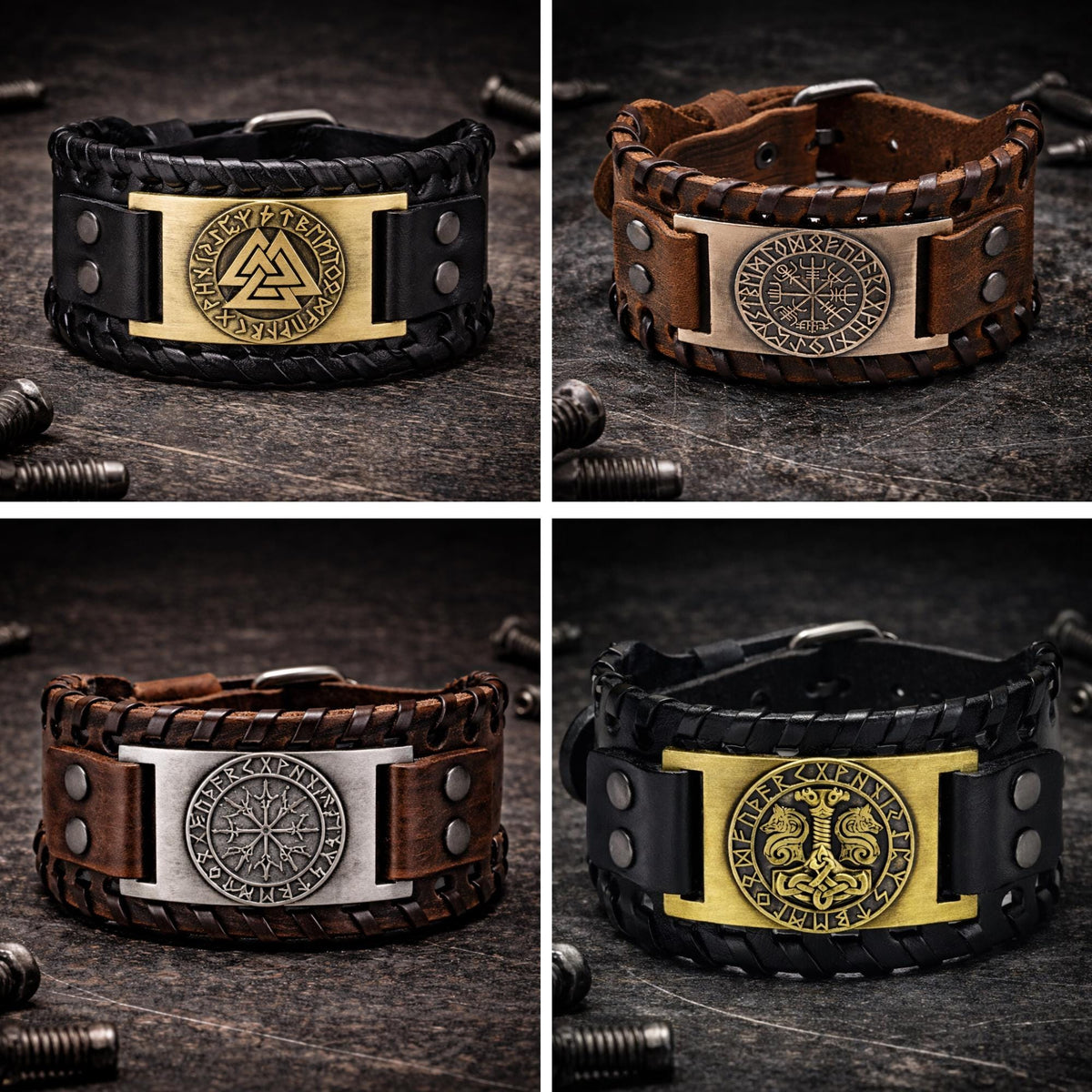 Viking Bracelet - Men’s Viking Leather Cuff Bracelet with Norse Compass, Medieval Warrior Wristband