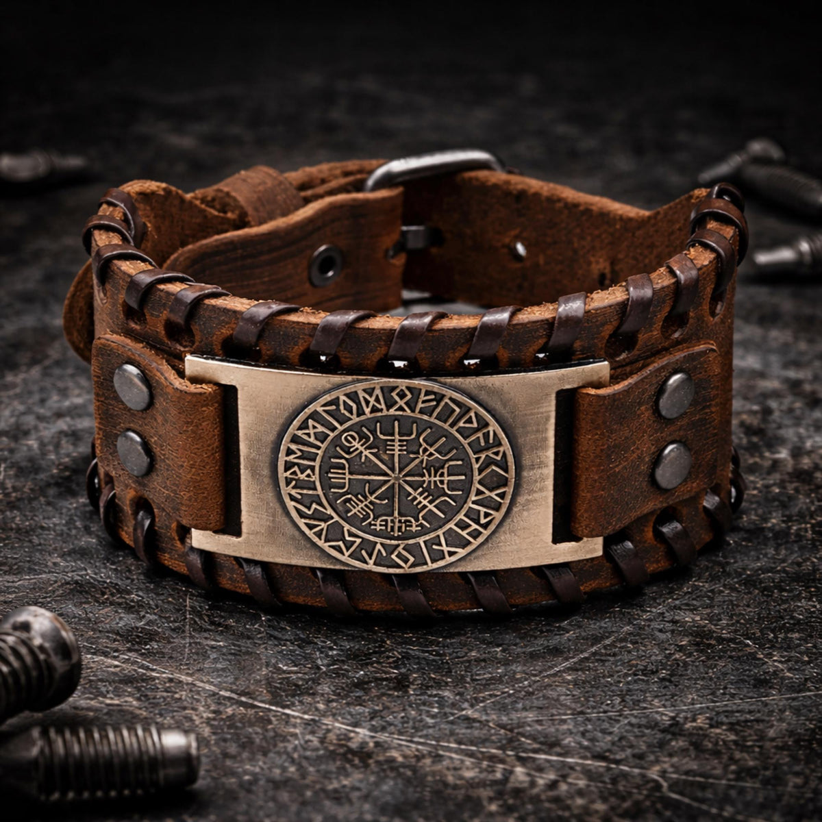 Viking Bracelet - Men’s Viking Leather Cuff Bracelet with Norse Compass, Medieval Warrior Wristband