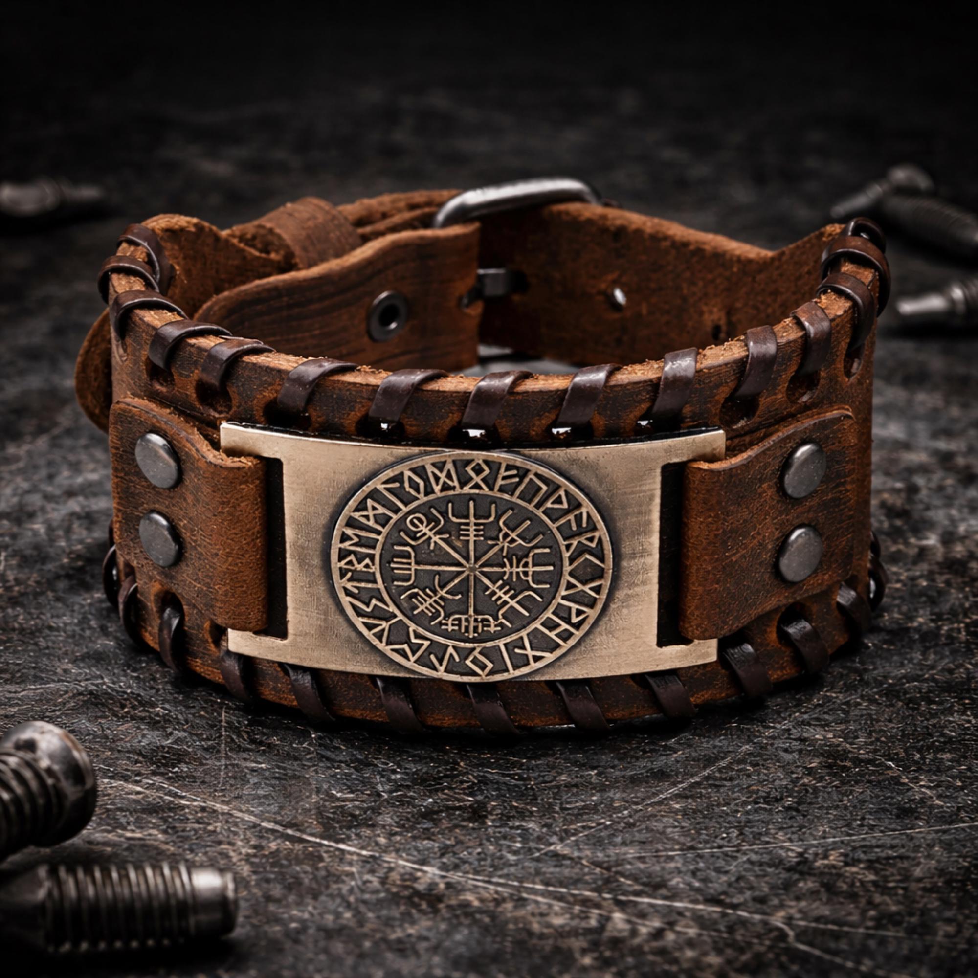 Viking Bracelet - Men’s Viking Leather Cuff Bracelet with Norse Compass, Medieval Warrior Wristband