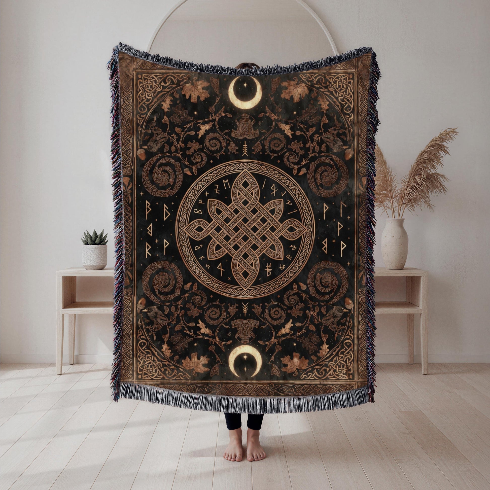 Viking Blanket - Viking Nordic Dragon Woven Cotton Throw Blanket, Fringed Tapestry Decor