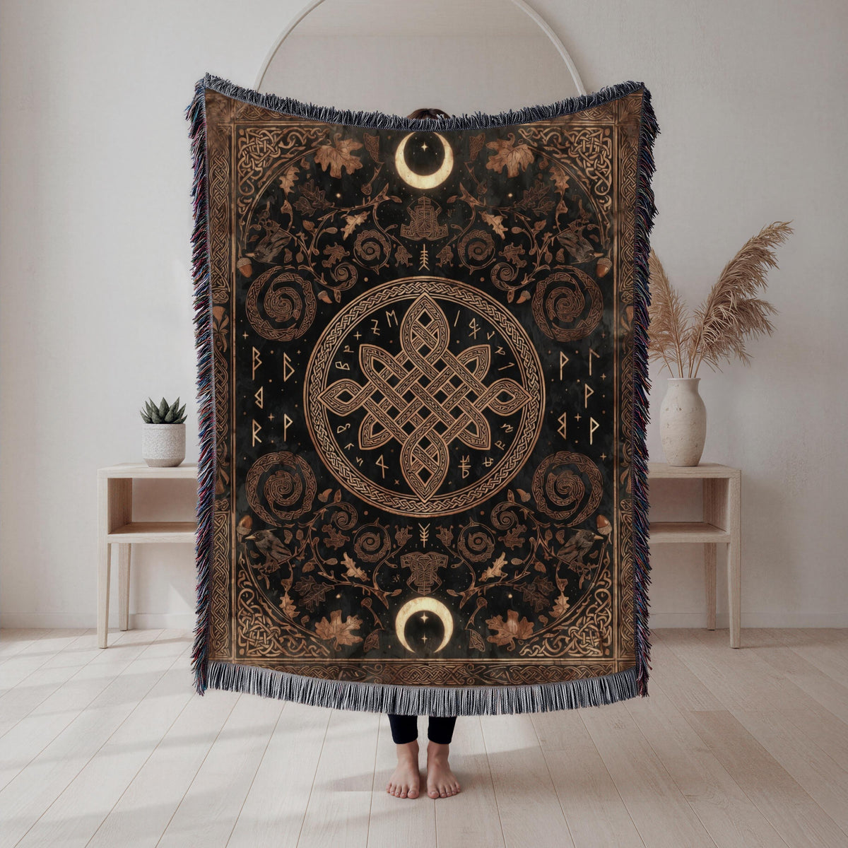 Viking Blanket - Viking Nordic Dragon Woven Cotton Throw Blanket, Fringed Tapestry Decor