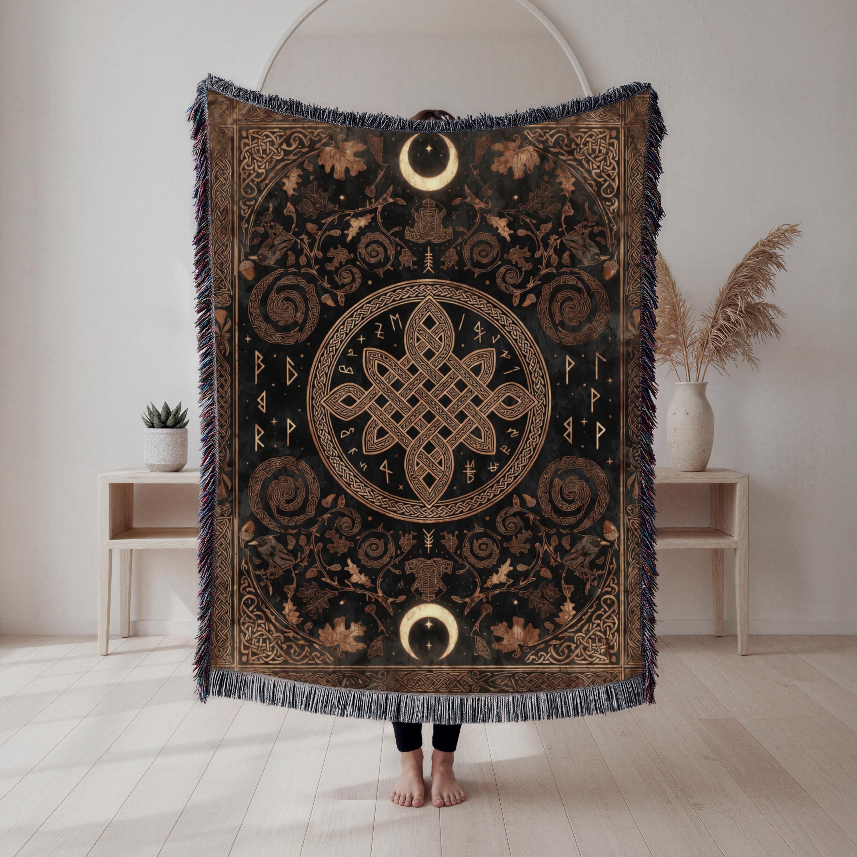 Viking Raven Blanket - Viking Axes Woven Throw Blanket, Norse Raven Celtic Knot Tapestry, Medieval