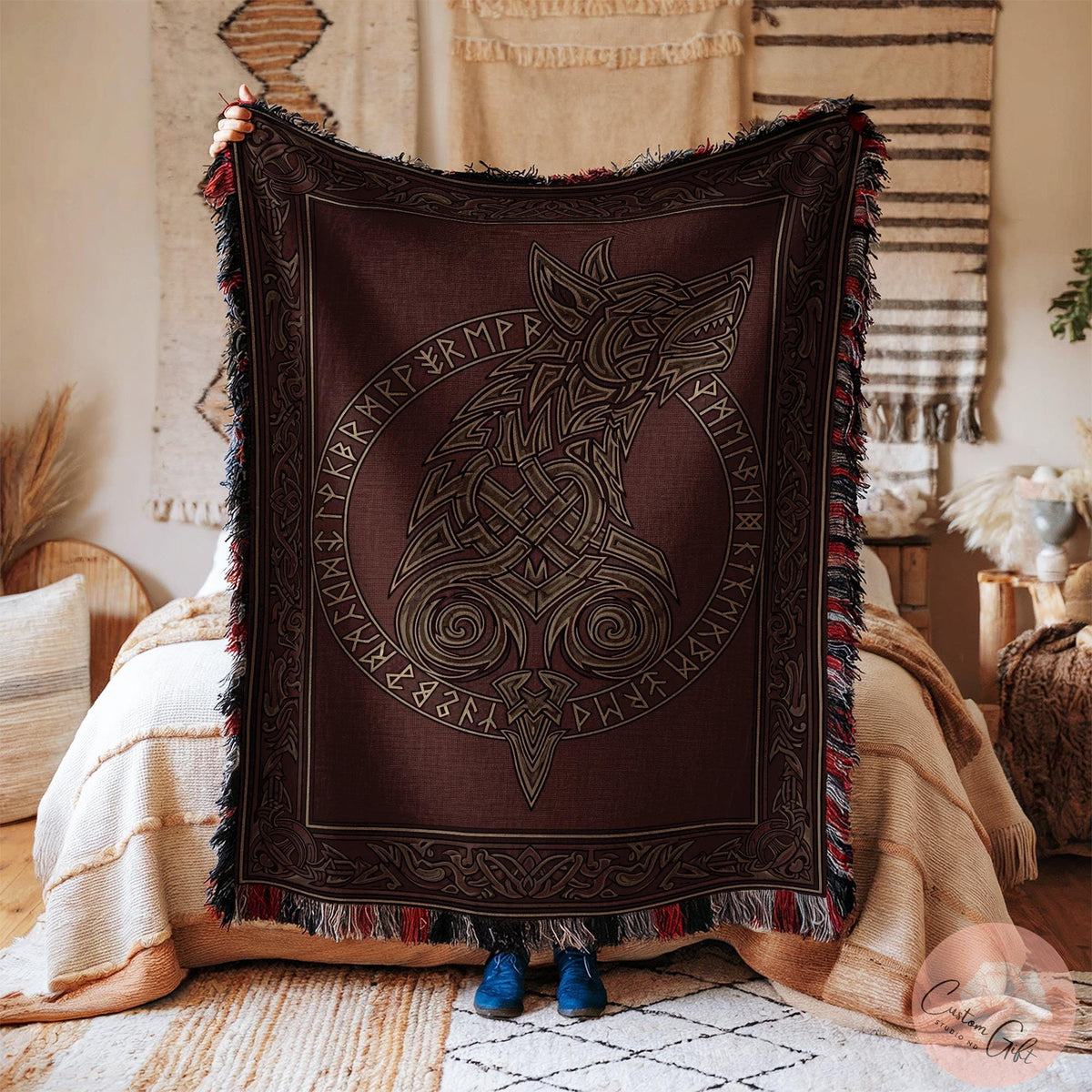 Viking Wolf Blanket - Viking Woven Blanket, Fenrir Wolf Decor, Norse Runes, Scandinavian Art
