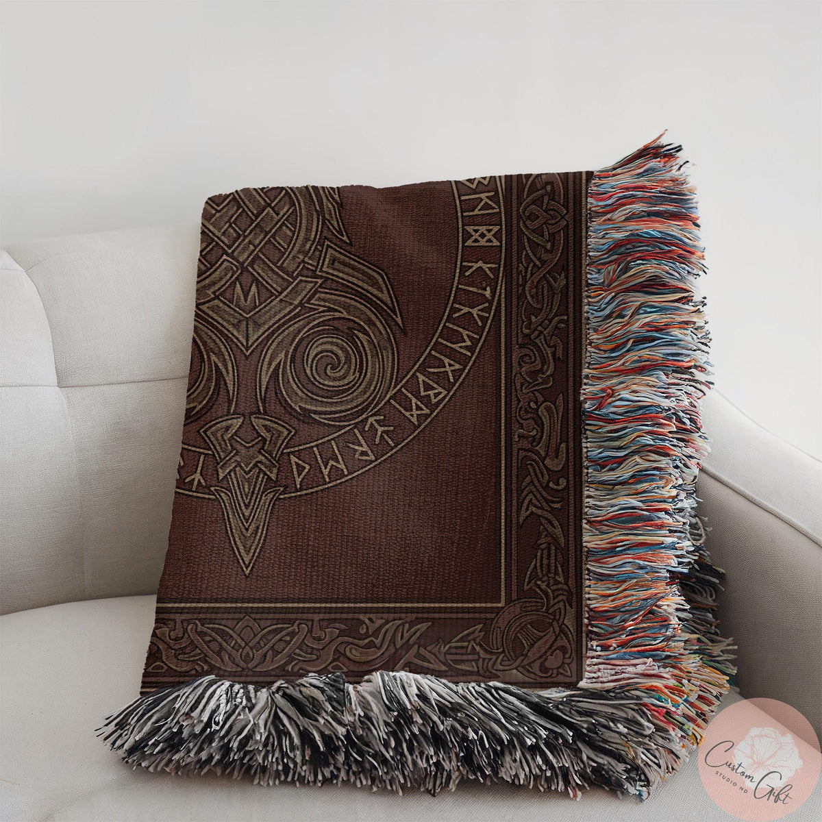 Viking Wolf Blanket - Viking Woven Blanket, Fenrir Wolf Decor, Norse Runes, Scandinavian Art