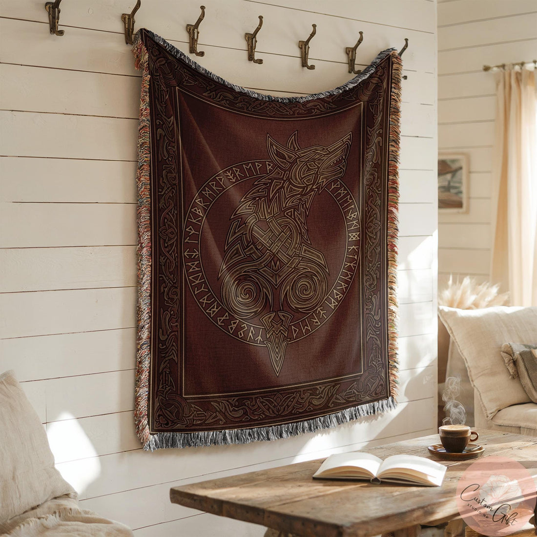 Viking Wolf Blanket - Viking Woven Blanket, Fenrir Wolf Decor, Norse Runes, Scandinavian Art