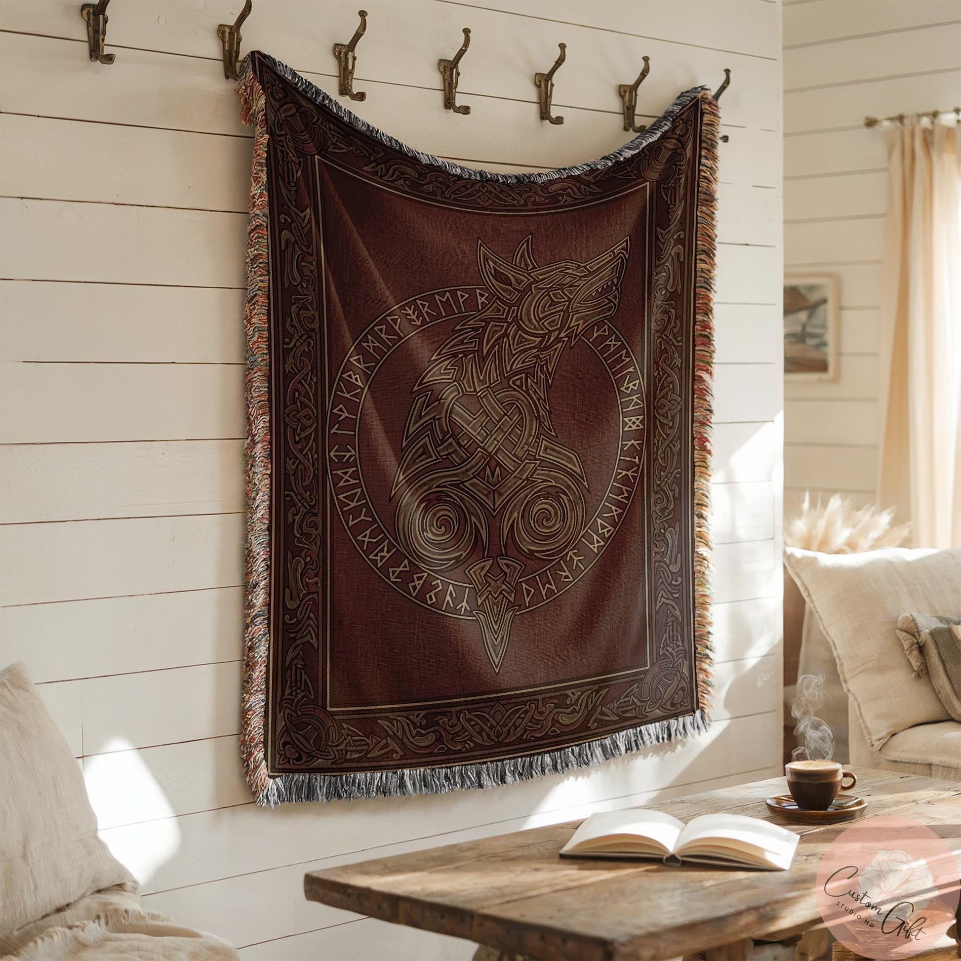 Viking Wolf Blanket - Viking Woven Blanket, Fenrir Wolf Decor, Norse Runes, Scandinavian Art