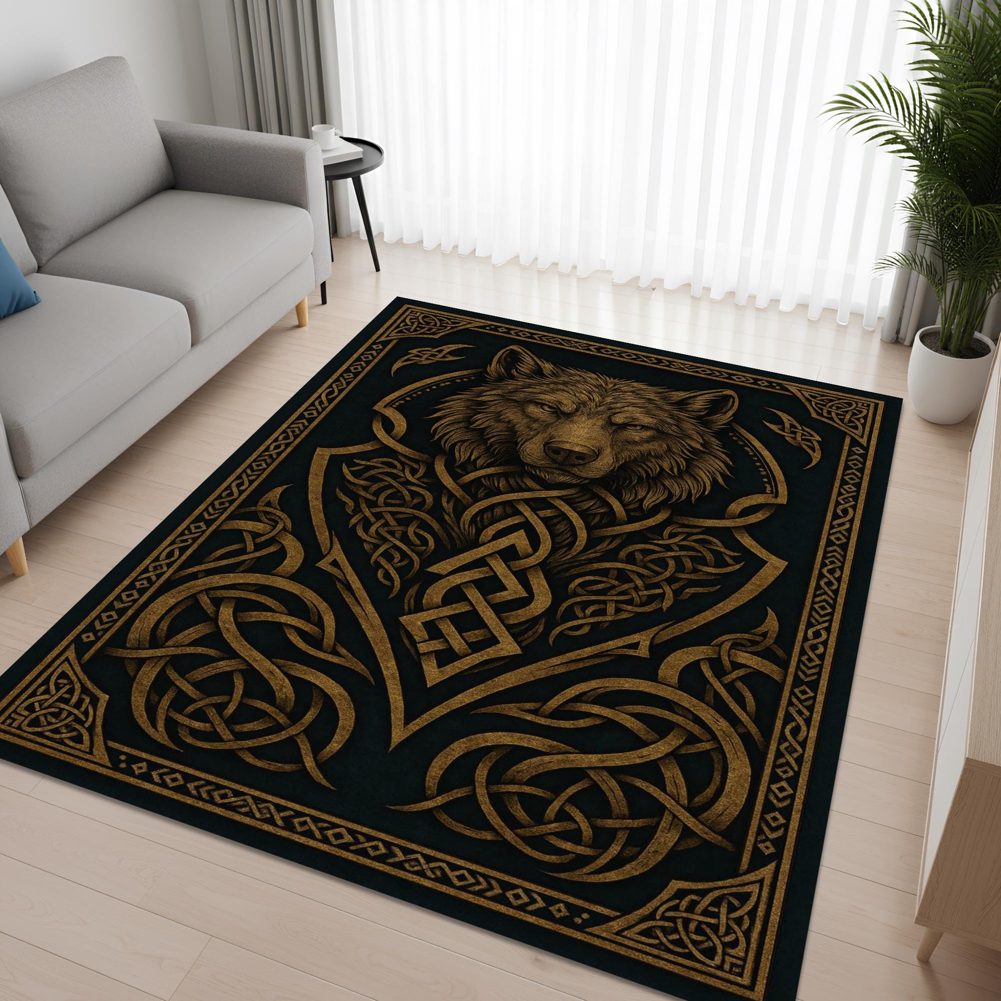 Viking Wolf Rug - Celtic Wolf Knot Rug Viking Nordic Symbol Art Carpet Dark Mythic Tribal Decor