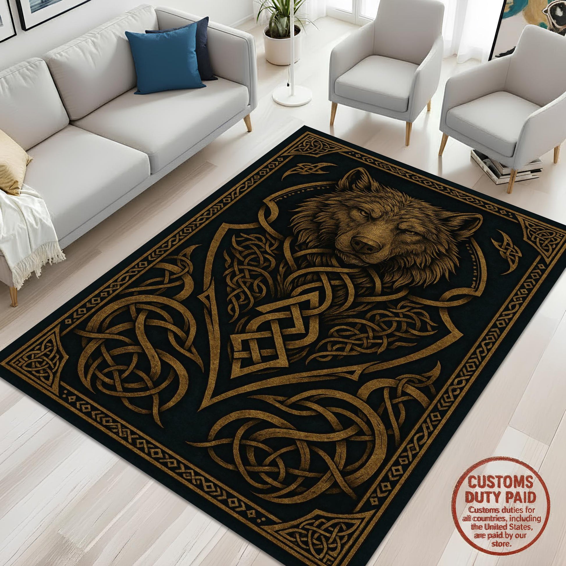 Viking Wolf Rug - Celtic Wolf Knot Rug Viking Nordic Symbol Art Carpet Dark Mythic Tribal Decor
