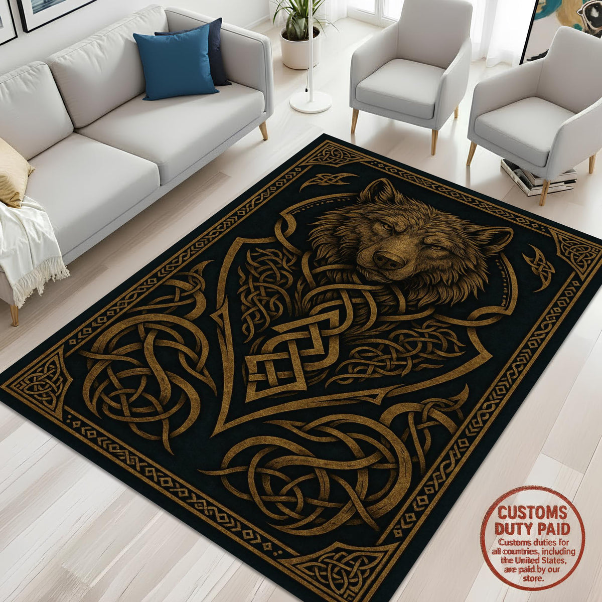 Viking Wolf Rug - Celtic Wolf Knot Rug Viking Nordic Symbol Art Carpet Dark Mythic Tribal Decor
