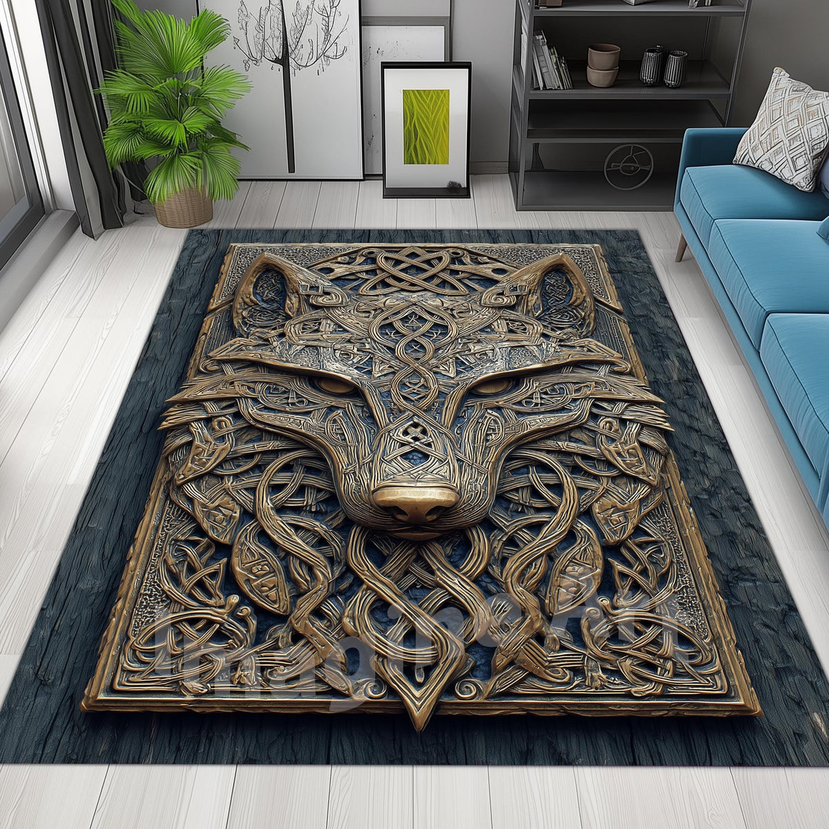 Viking Raven Rug - Viking Ship Rug: Norse Longship Carpet, Blue Ocean Waves, Celtic Raven Dragon