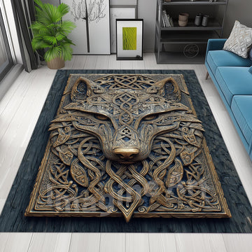 Viking Wolf Rug - Celtic Wolf Rug: Wood Carving Art, 3D Viking, Norse Cabin Decor