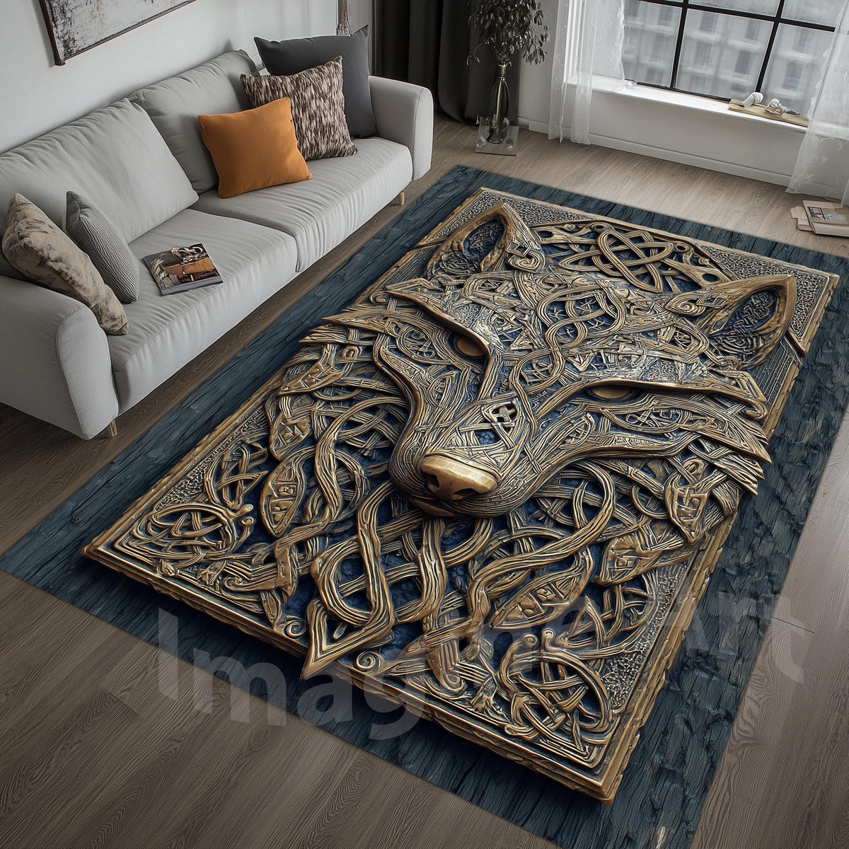 Viking Wolf Rug - Celtic Wolf Rug: Wood Carving Art, 3D Viking, Norse Cabin Decor