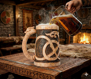 Viking Mug - Norse Empire 20oz Hand Carved Wooden Beer Mug - Urnes Style Viking Tankard