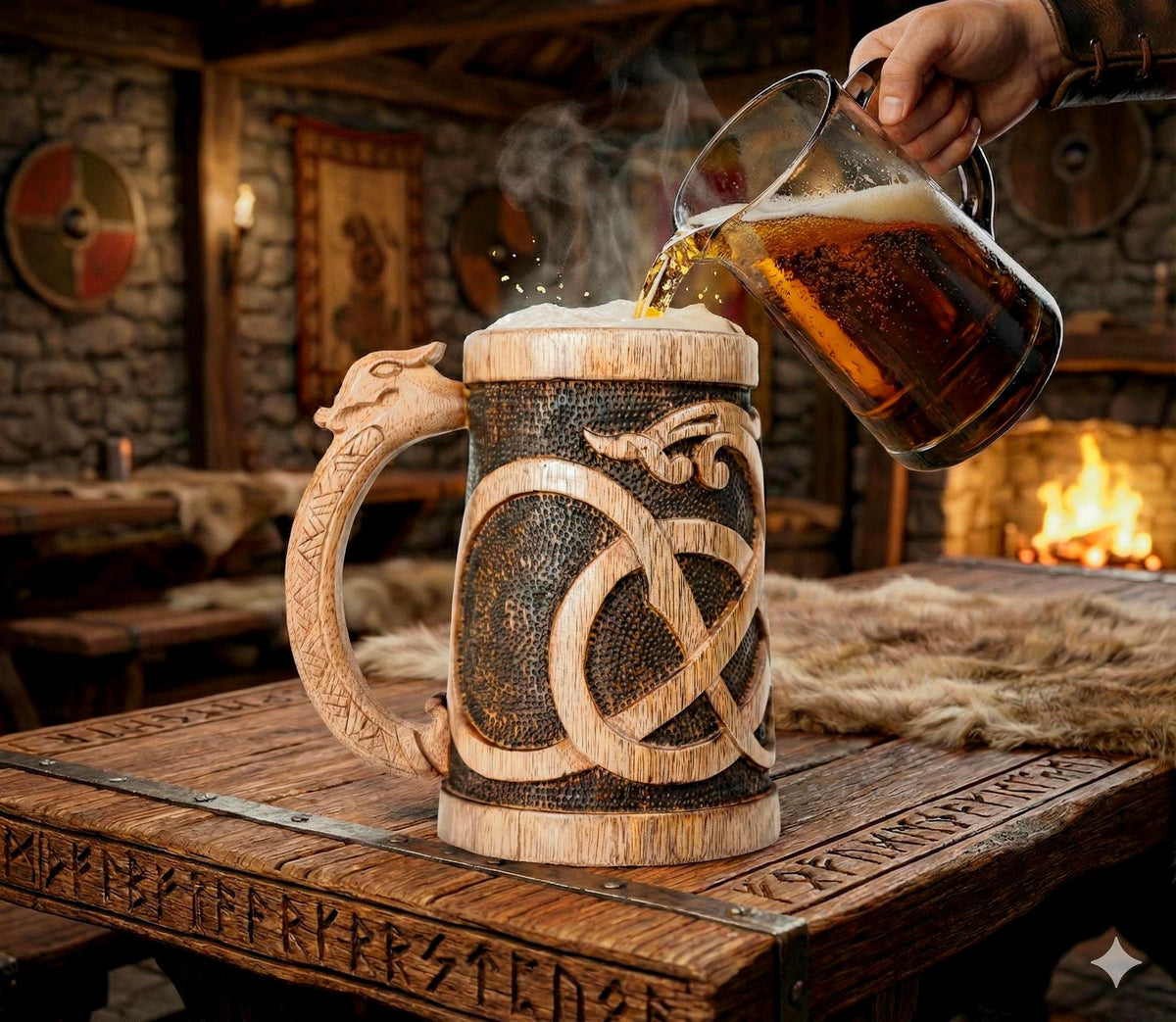 Viking Mug - Viking Axe Handle Beer Mug, Handmade Nordic Warrior Stainless Steel Tankard