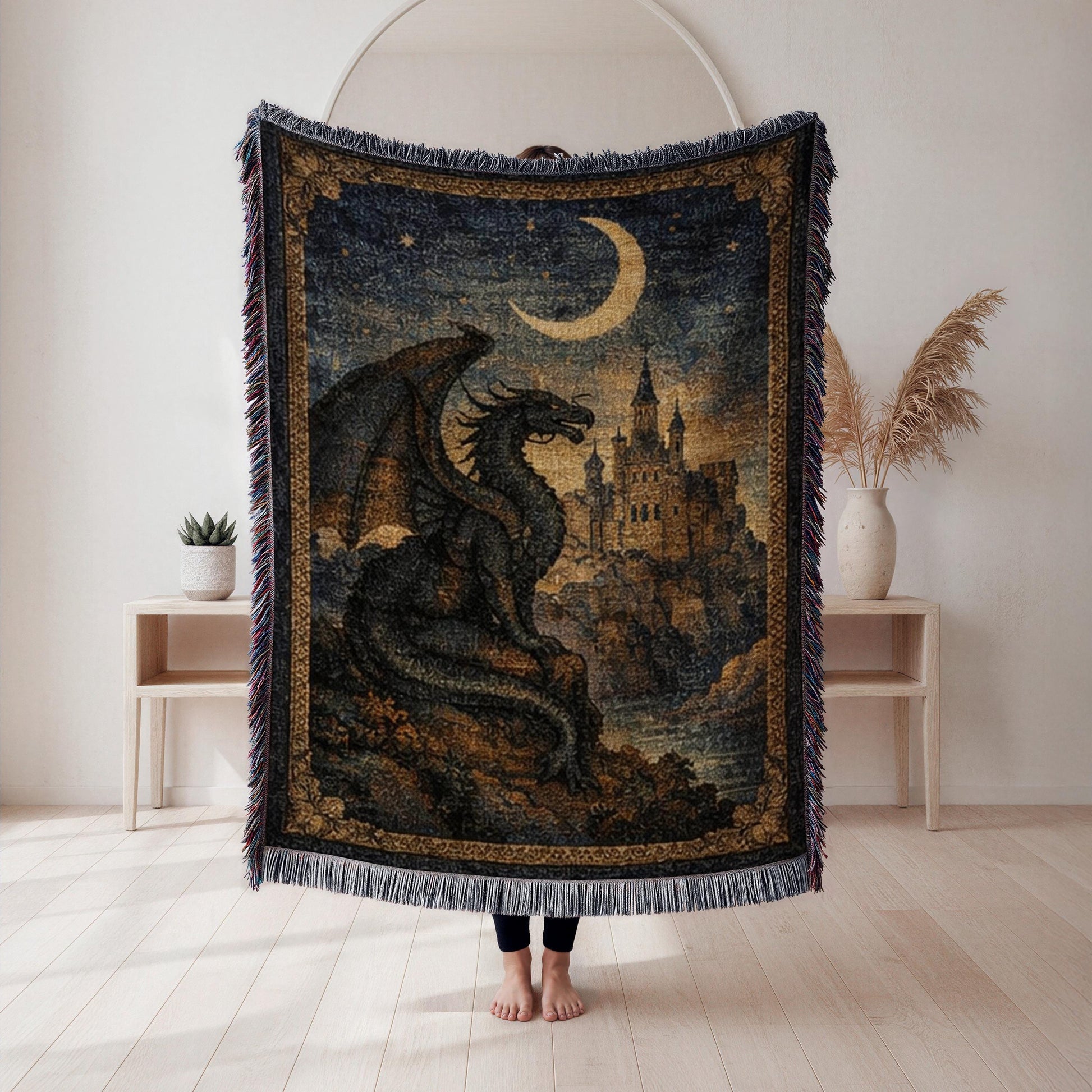 Viking Blanket - Viking Nordic Dragon Woven Cotton Throw Blanket, Fringed Tapestry Decor
