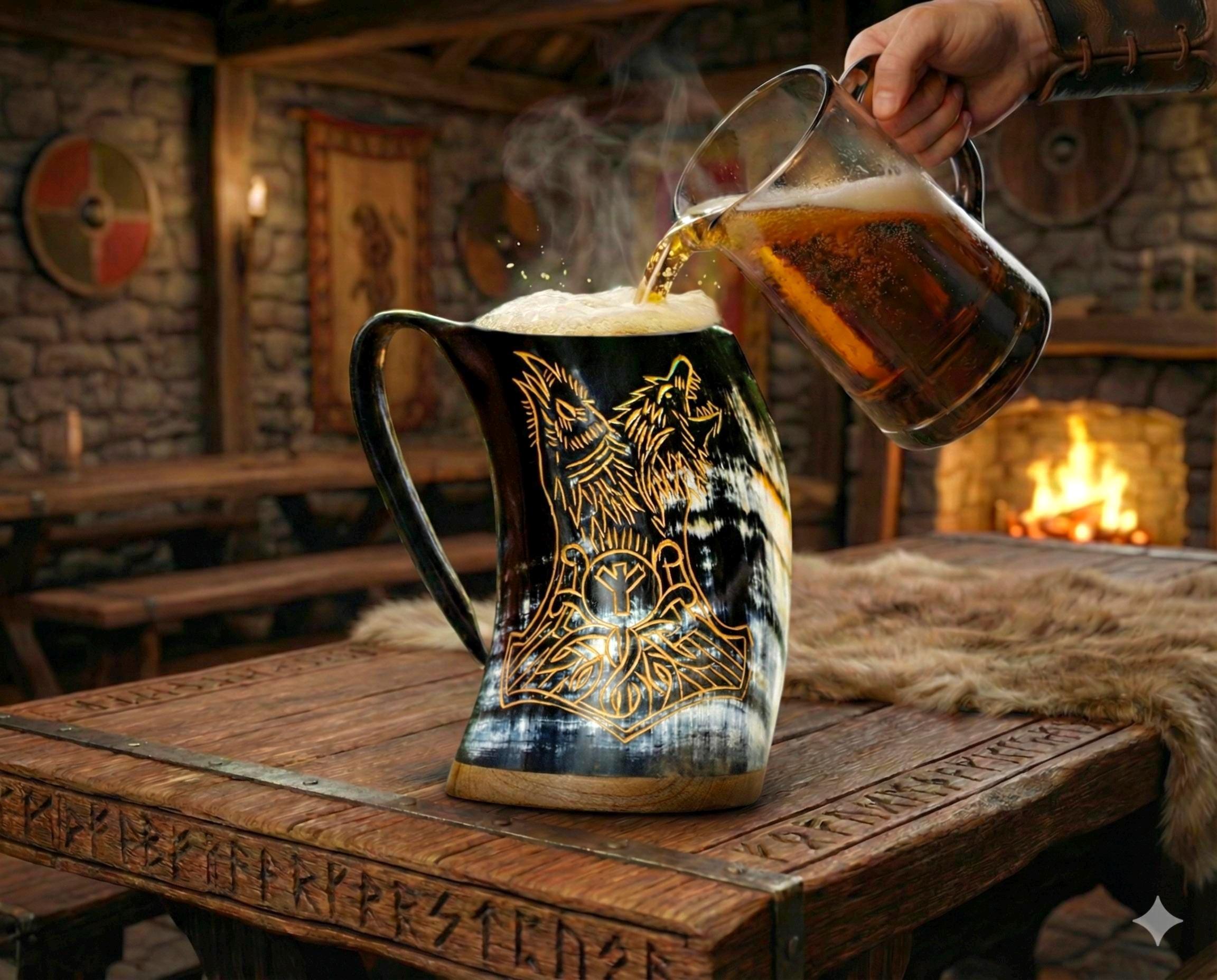 Viking Wolf Mug - Medieval Fantasy Beer Mug – Embossed Ceramic Tankard with Wolf Crest, Large