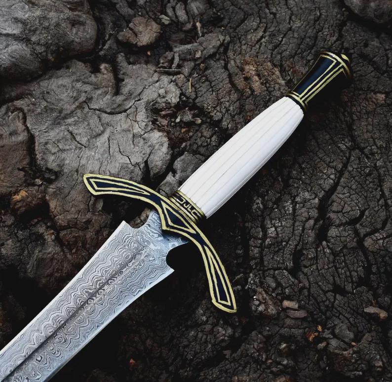 Viking Weapon Replica - Handmade Damascus Steel Celtic Leaf Sword, Viking Medieval Display Sword
