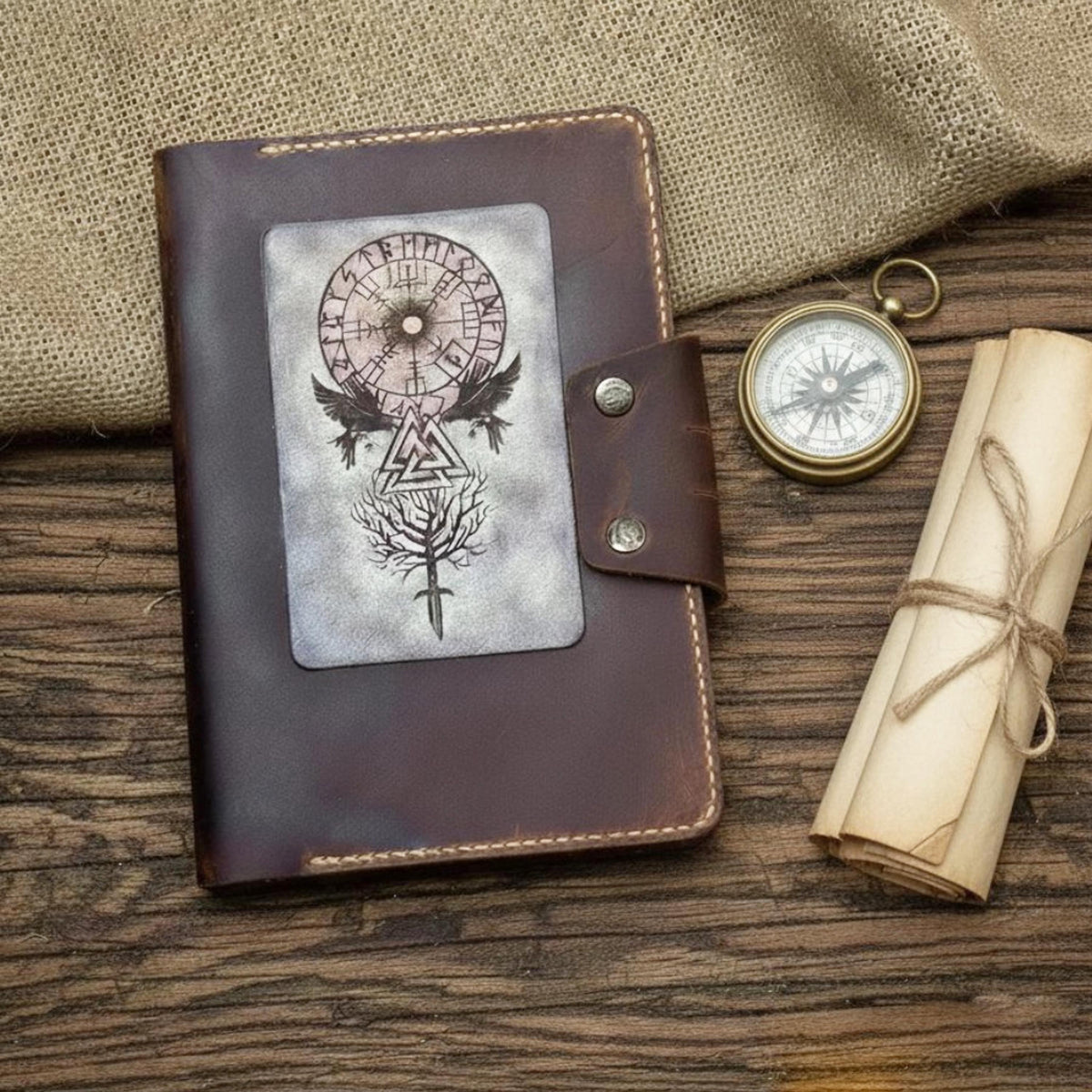 Viking Leather Accessory - Personalised Leather Journal: Refillable A5 Viking Norse Design, Camel