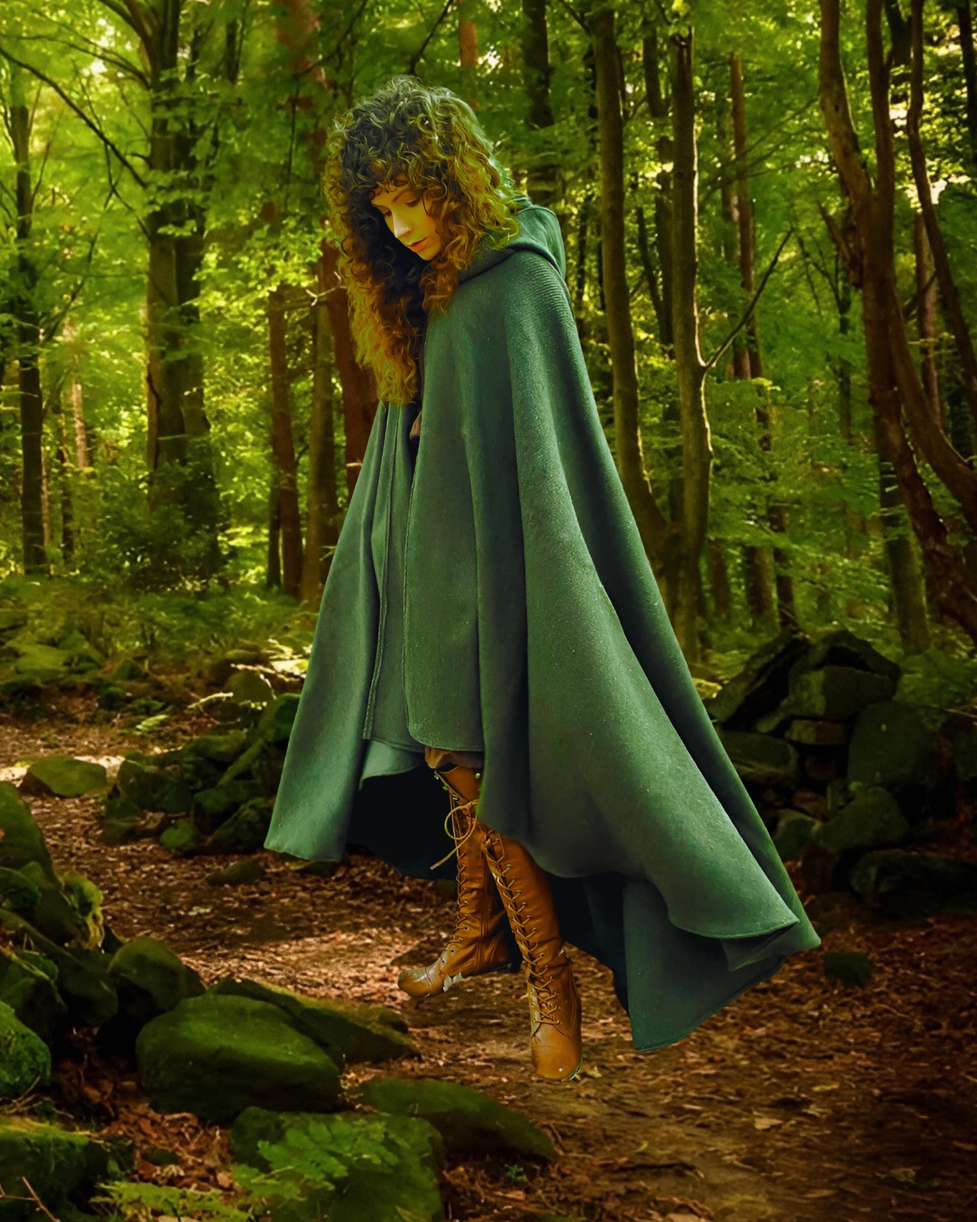 Viking Jacket - Dark Green Leather Hooded Poncho, Medieval Fantasy Cape, Viking Cloak, Renaissance