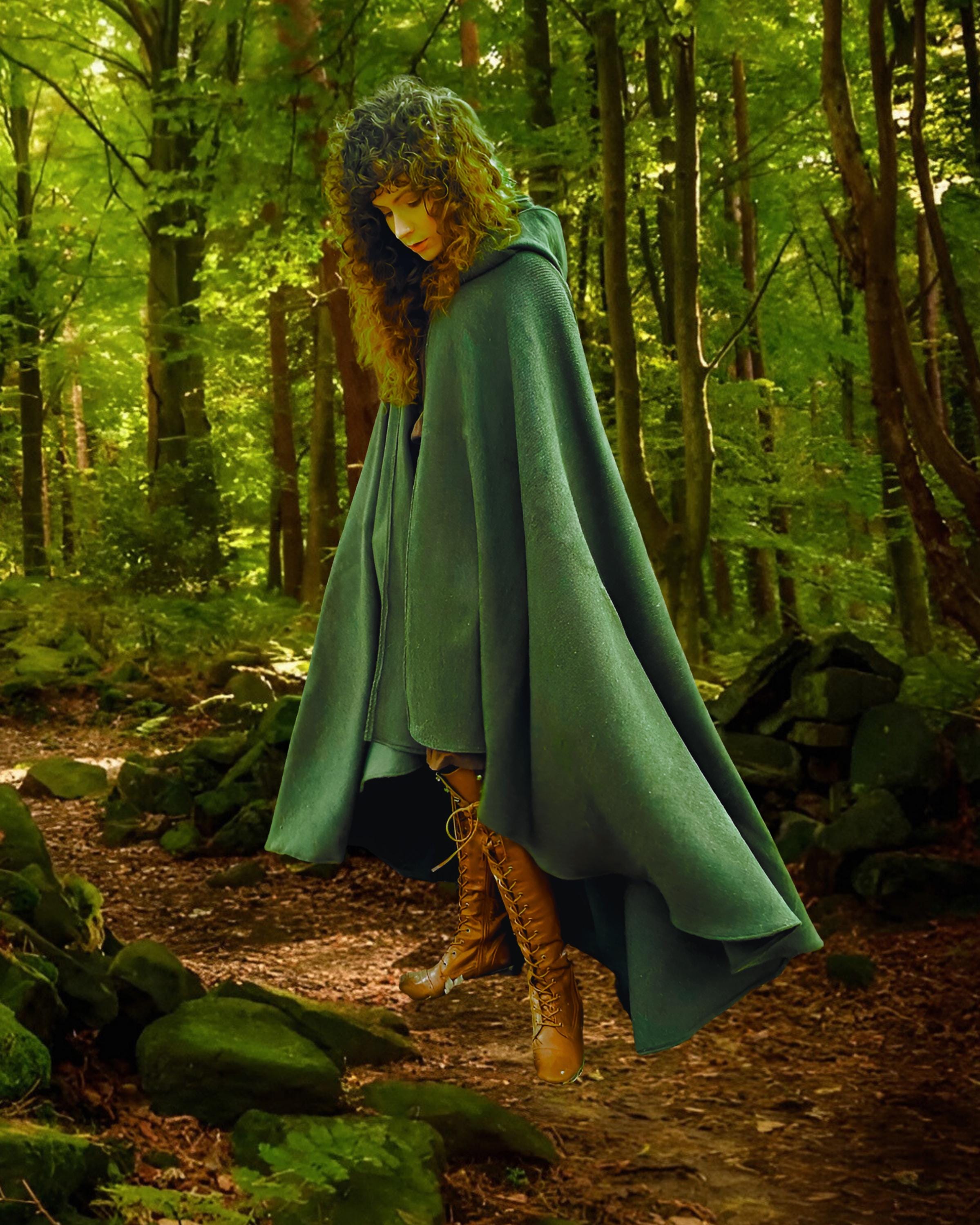 Viking Jacket - Dark Green Leather Hooded Poncho, Medieval Fantasy Cape, Viking Cloak, Renaissance