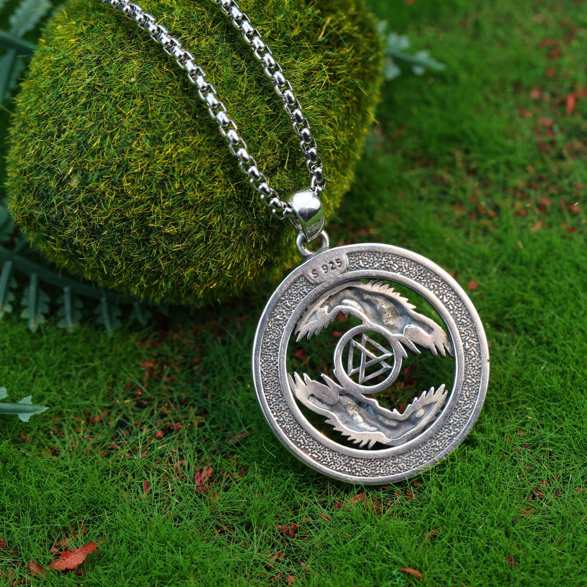 Viking Valknut Necklace - Sterling Silver Viking Valknut Raven Pendant: Norse Amulet Necklace