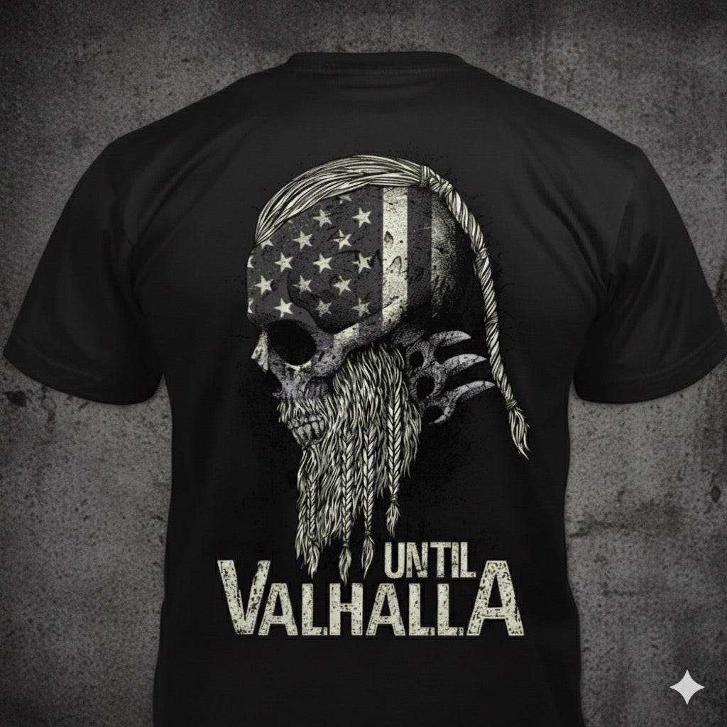 Viking Valhalla T-Shirt - Victory Or Valhalla - Distressed American Viking Skull T-Shirt: Patriotic