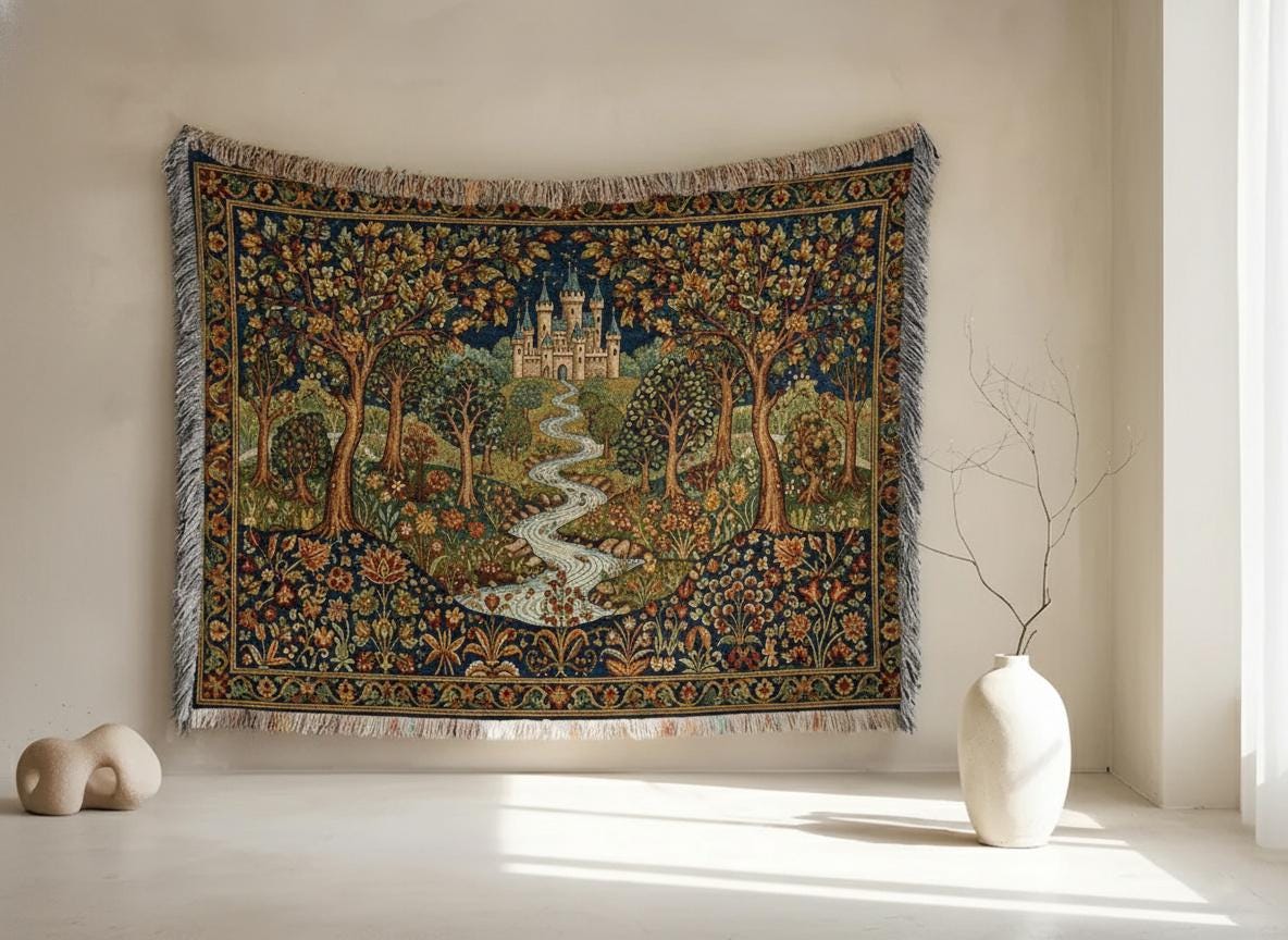 Viking Wolf Blanket - Norse Tree of Life Woven Blanket, Yggdrasil Raven and Wolf Tapestry Throw