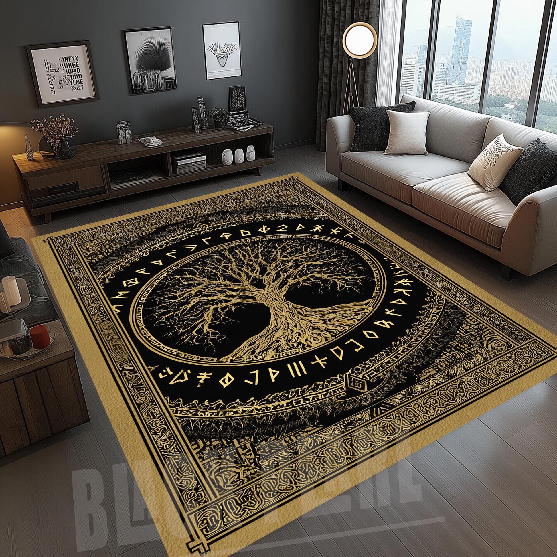 Viking Raven Rug - Viking Norse Mythology Rug, Raven Tree of Life, Nordic Ship Design, Celtic Knot