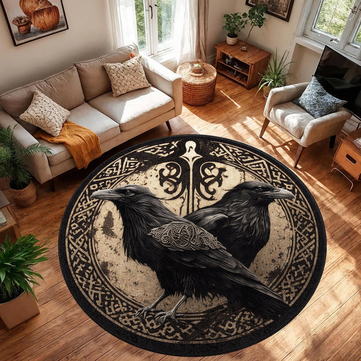 Viking Raven Rug - Viking Raven Round Rug, Norse Rune Circle Carpet, Celtic Knot Boho Gothic Decor