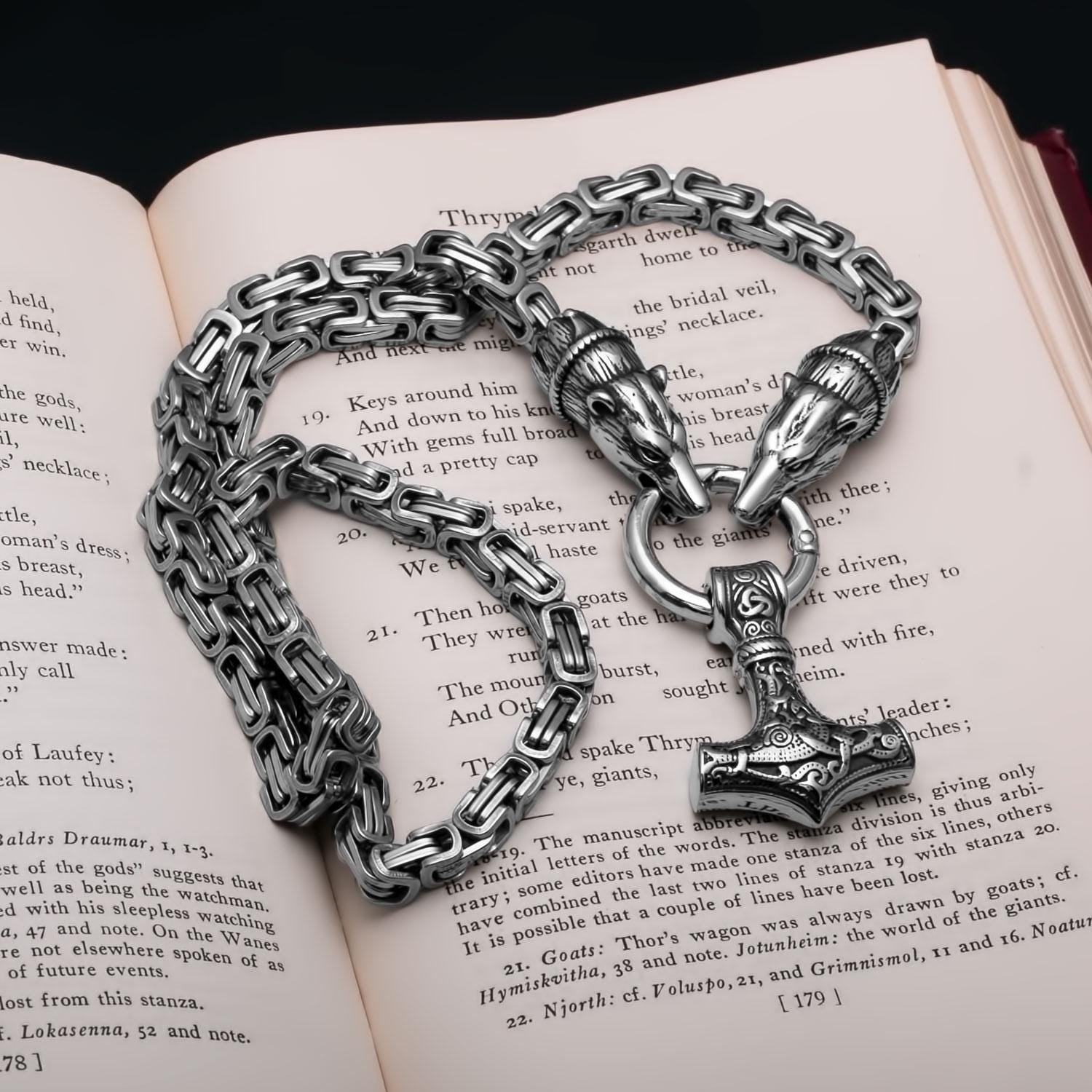 Viking Thor's Hammer Necklace - Mjolnir Necklace, Wolf Chain, Fenrir Amulet, Handmade Viking