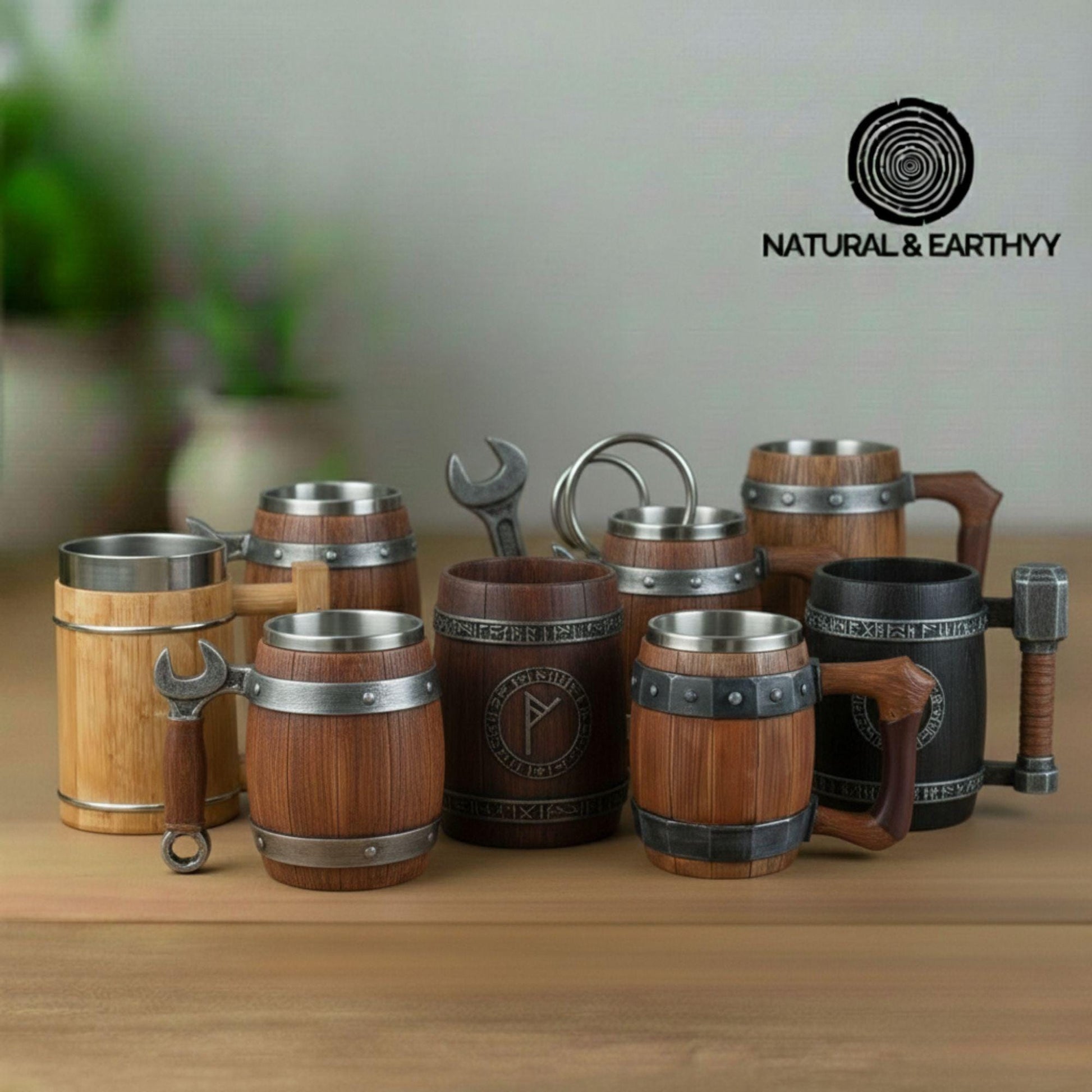 Viking Home Decor - Pack of 8 Handmade Viking Large Horn Mugs, Medieval Tankards, Ale Mead Beer