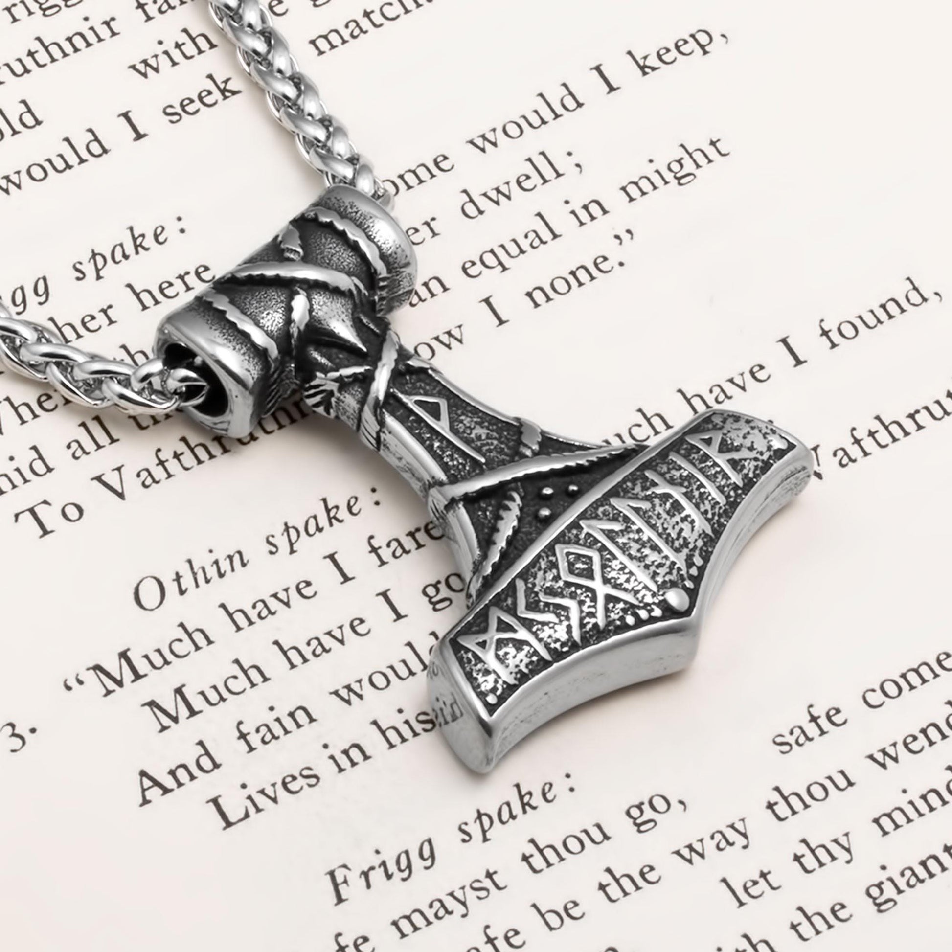 Viking Thor's Hammer Necklace - Gold Mjolnir Necklace with Wolf Heads, Viking Thor Hammer Pendant