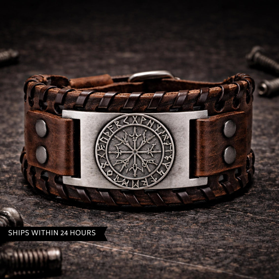 Viking Bracelet - Men’s Viking Leather Cuff Bracelet with Norse Compass, Medieval Warrior Wristband