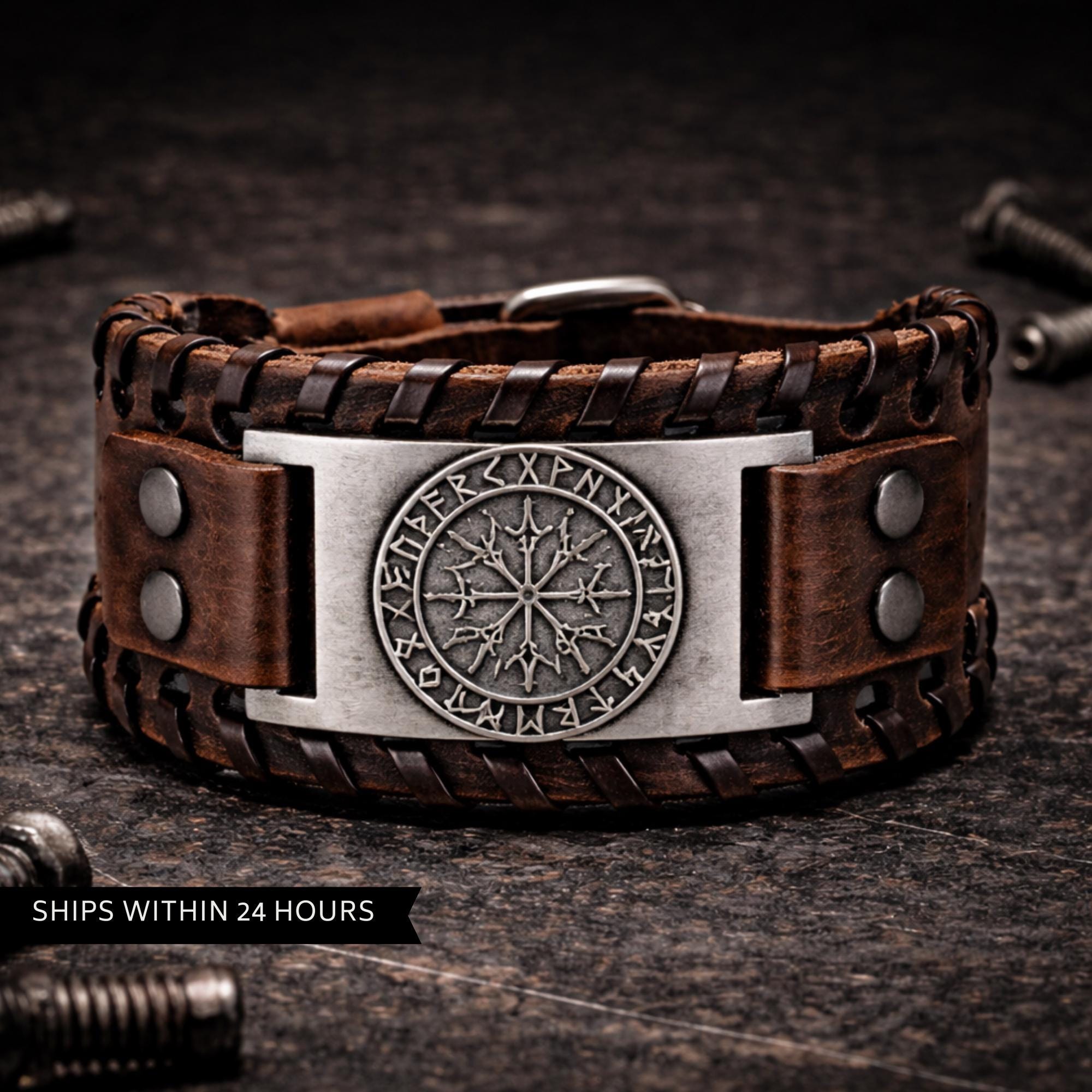 Viking Bracelet - Men’s Viking Leather Cuff Bracelet with Norse Compass, Medieval Warrior Wristband