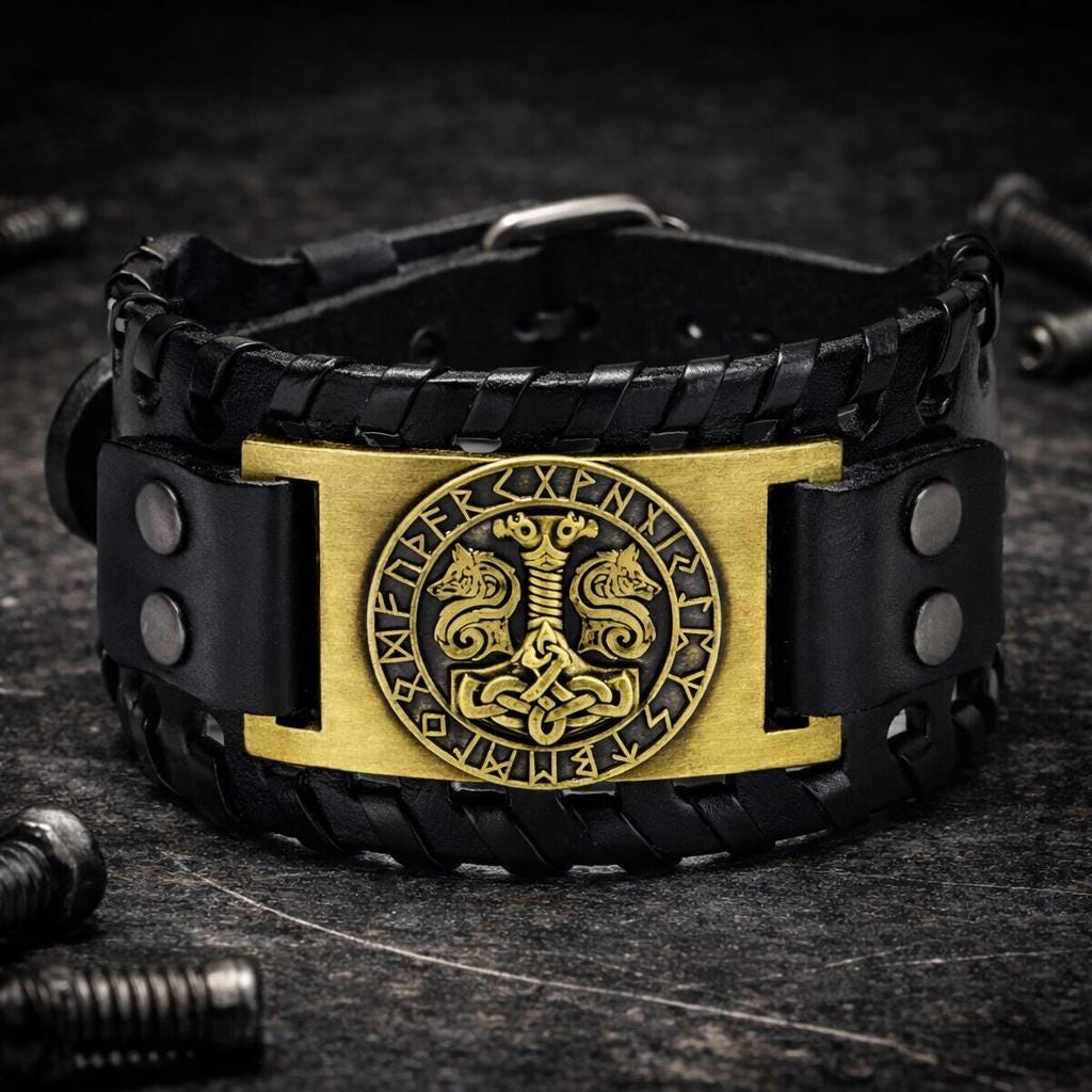Viking Bracelet - Men’s Viking Leather Cuff Bracelet with Norse Compass, Medieval Warrior Wristband