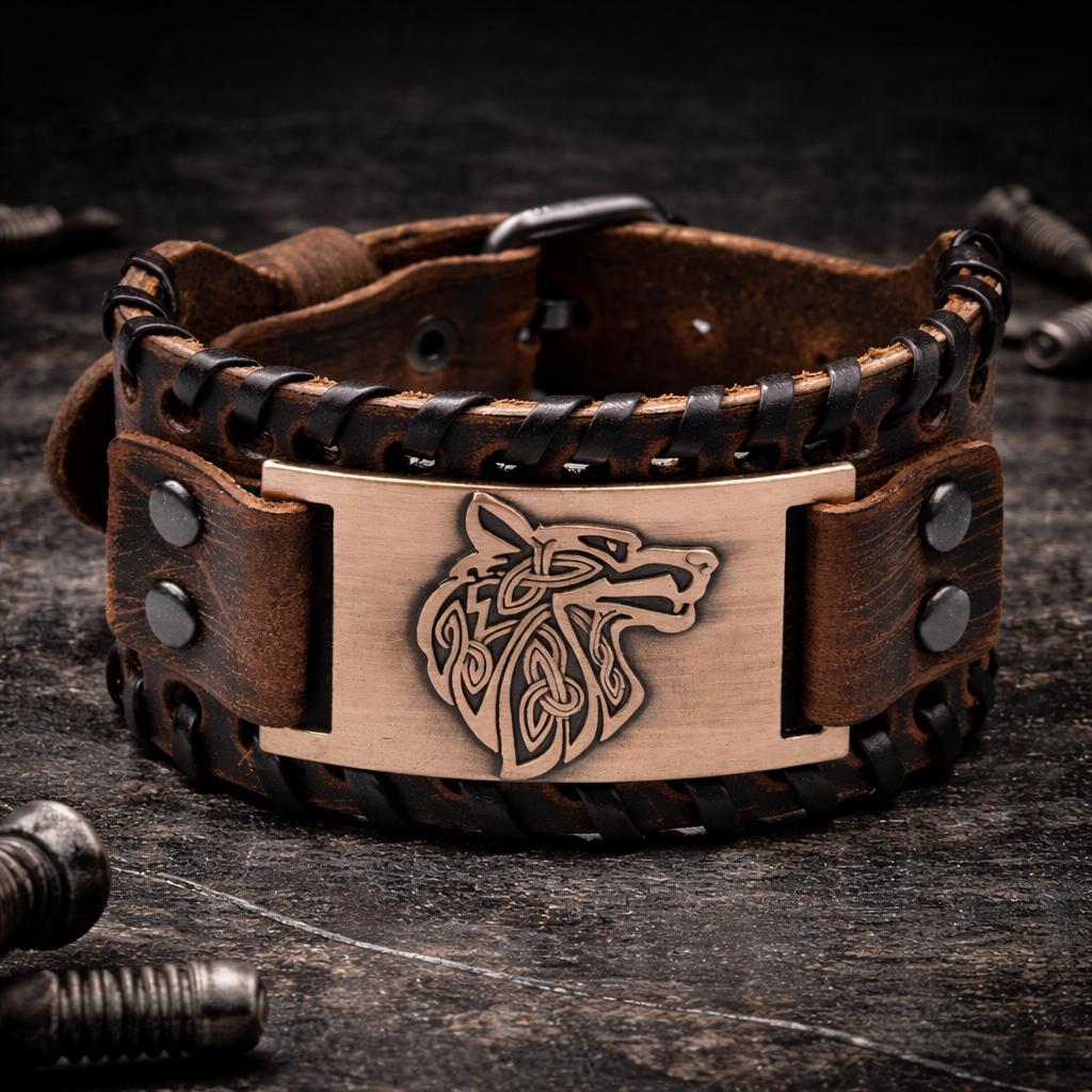 Viking Bracelet - Men’s Viking Leather Cuff Bracelet with Norse Compass, Medieval Warrior Wristband