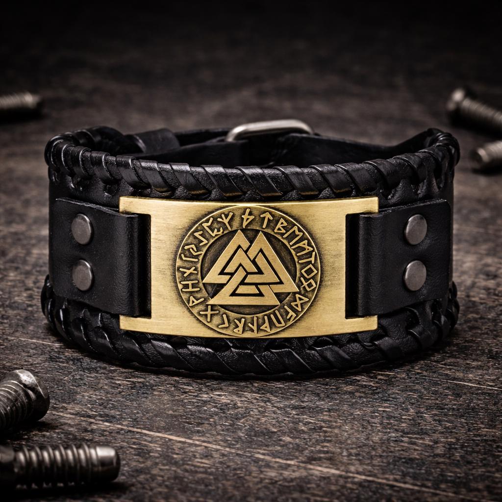 Viking Bracelet - Men’s Viking Leather Cuff Bracelet with Norse Compass, Medieval Warrior Wristband