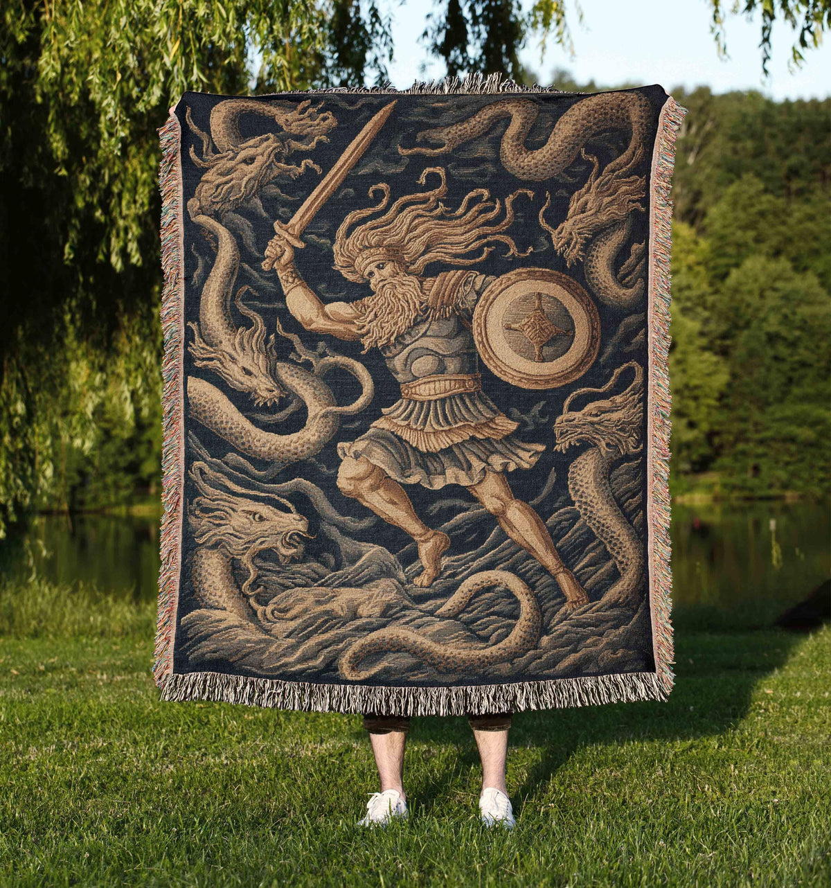 Viking Blanket - Epic Viking Warrior 100% Cotton Woven Blanket, Norse Mythology Home Decor Throw