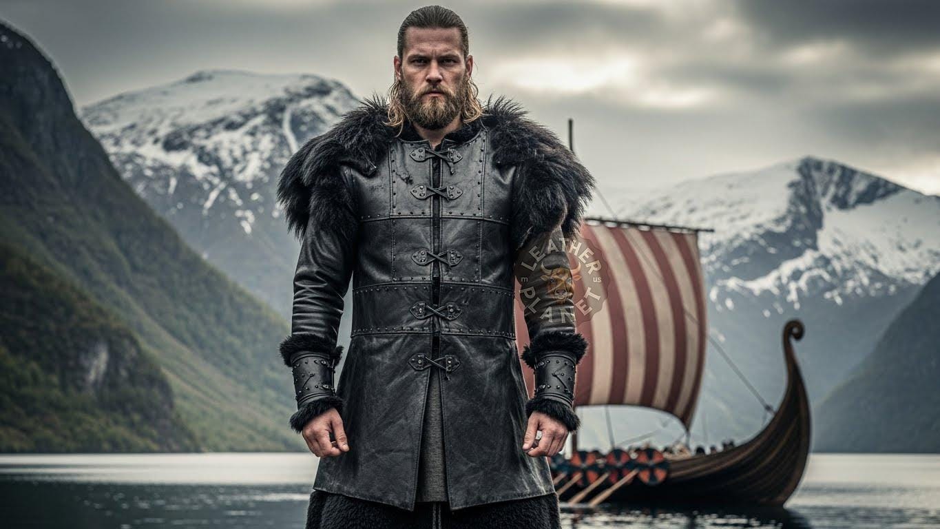 Viking Jacket - Handmade Viking Leather Jacket for Men Norse Warrior Fur Collar Coat, Medieval