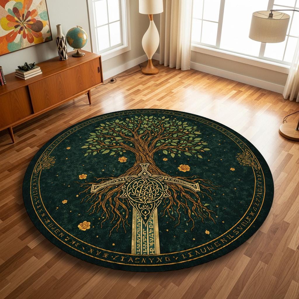 Viking Yggdrasil Tree of Life Rug - Dark Green Celtic Tree of Life Axe Runner Rug, Viking Yggdrasil