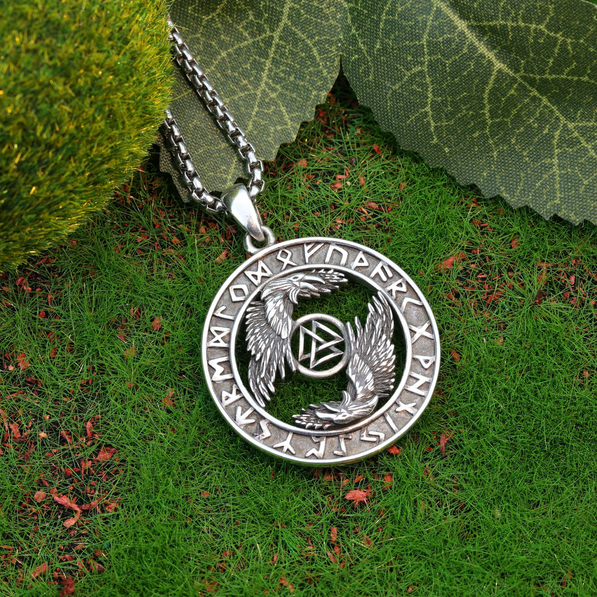 Viking Valknut Necklace - Sterling Silver Viking Valknut Raven Pendant: Norse Amulet Necklace