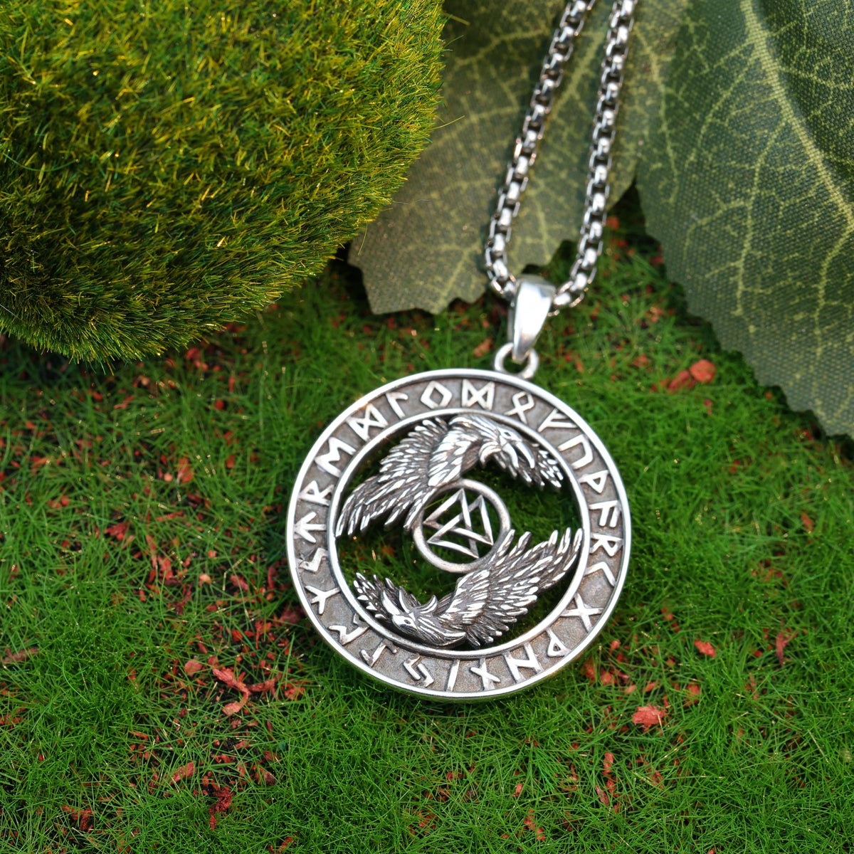 Viking Valknut Necklace - Sterling Silver Viking Valknut Raven Pendant: Norse Amulet Necklace