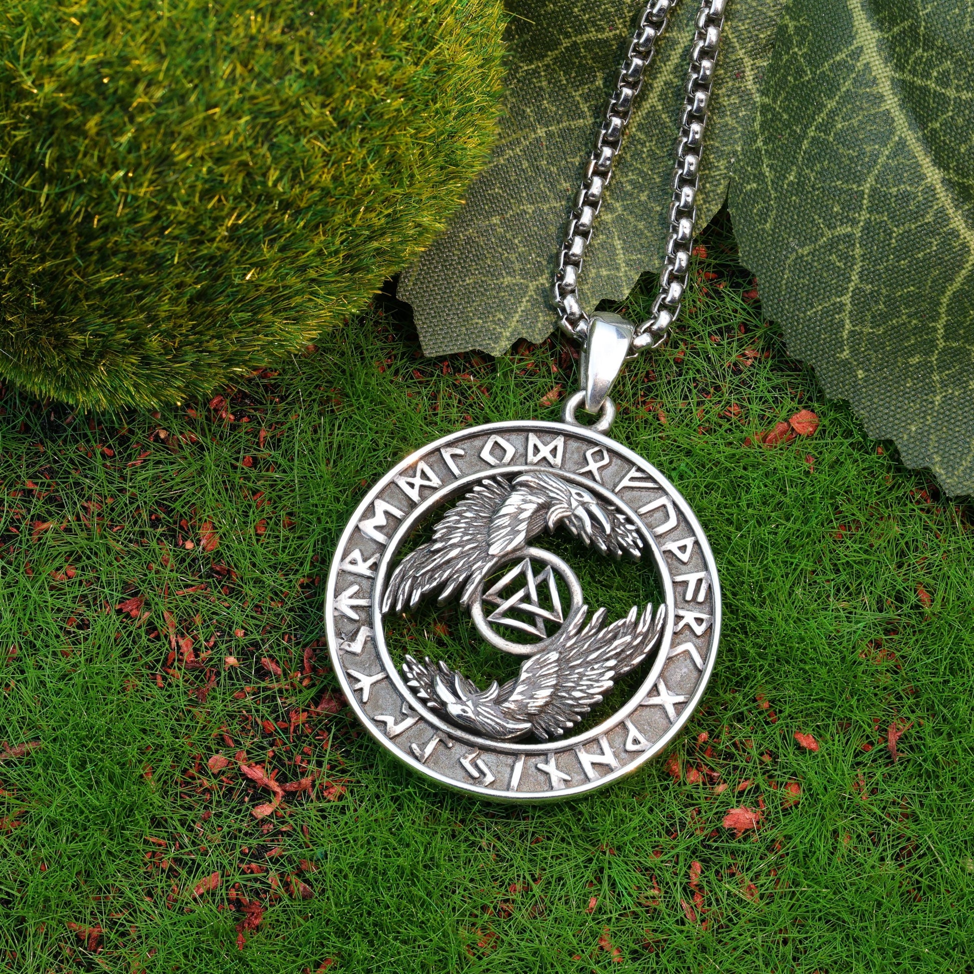 Viking Valknut Necklace - Sterling Silver Viking Valknut Raven Pendant: Norse Amulet Necklace