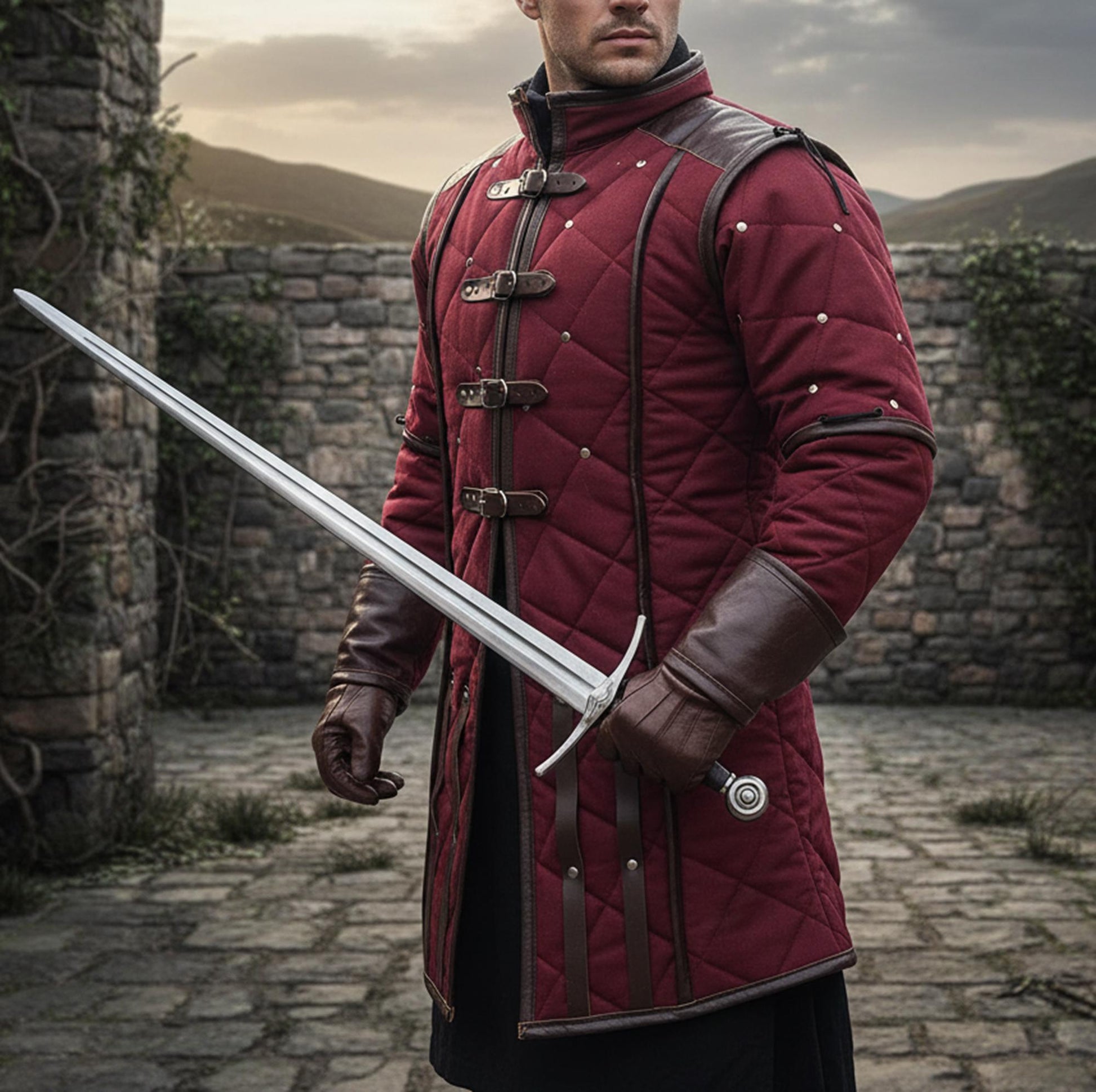 Viking Jacket - Wine Medieval Gambeson Coat for Men – Quilted Viking Armor Jacket