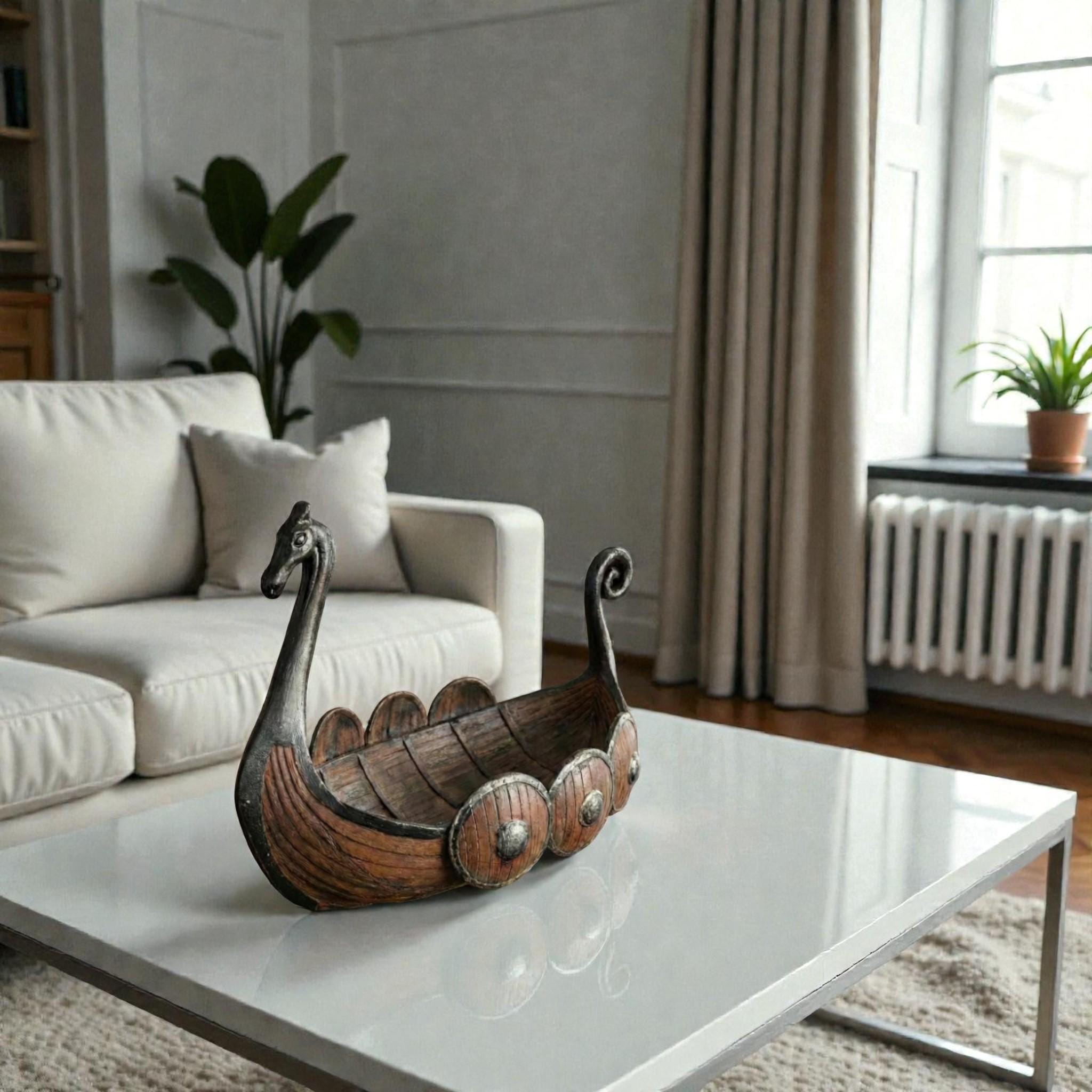 Viking Home Decor - Viking Ship Wooden Sculpture, Nordic Longboat Table Decor, Medieval Boat