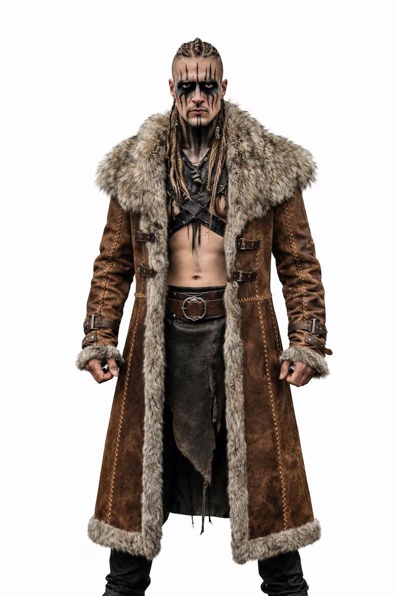 Viking Jacket - Genuine Suede Viking Tunic Coat – Norse Warrior Faux Fur Trim (Custom Fit)